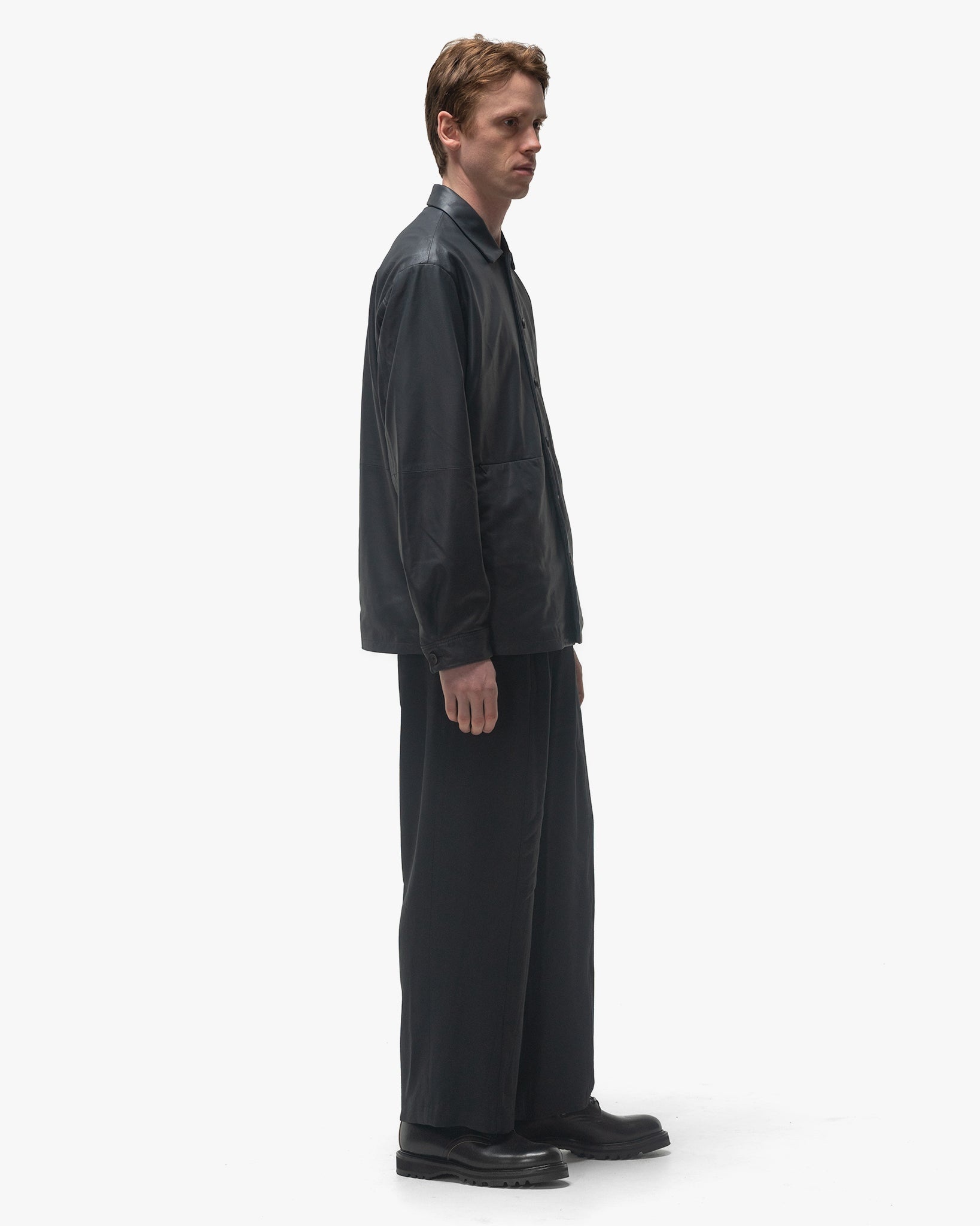 Linen Acetate Front Gather Wide Trousers Black - 3