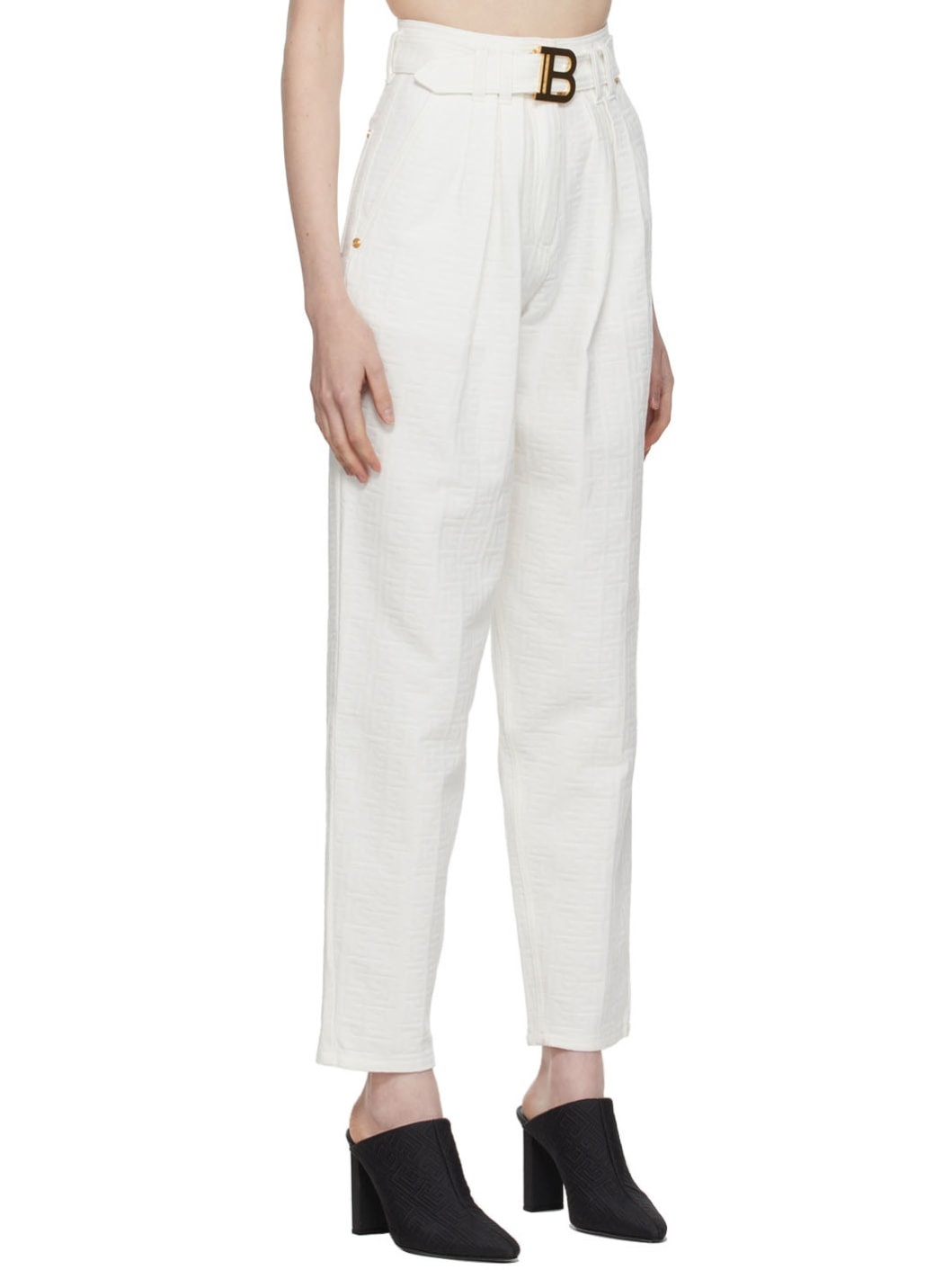 White Denim Belted Logo Trousers - 2