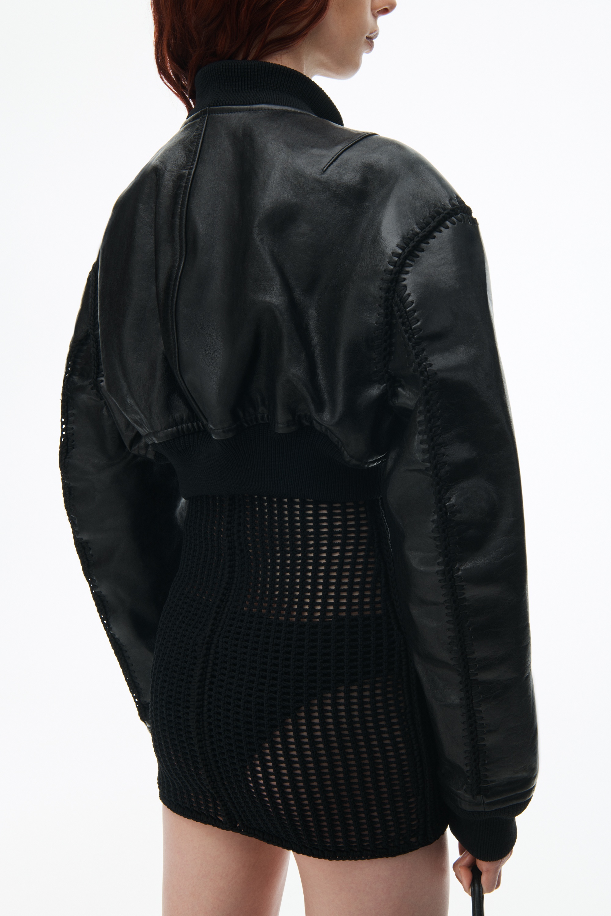 Leather Bomber Jacket With Crochet Hood - 6