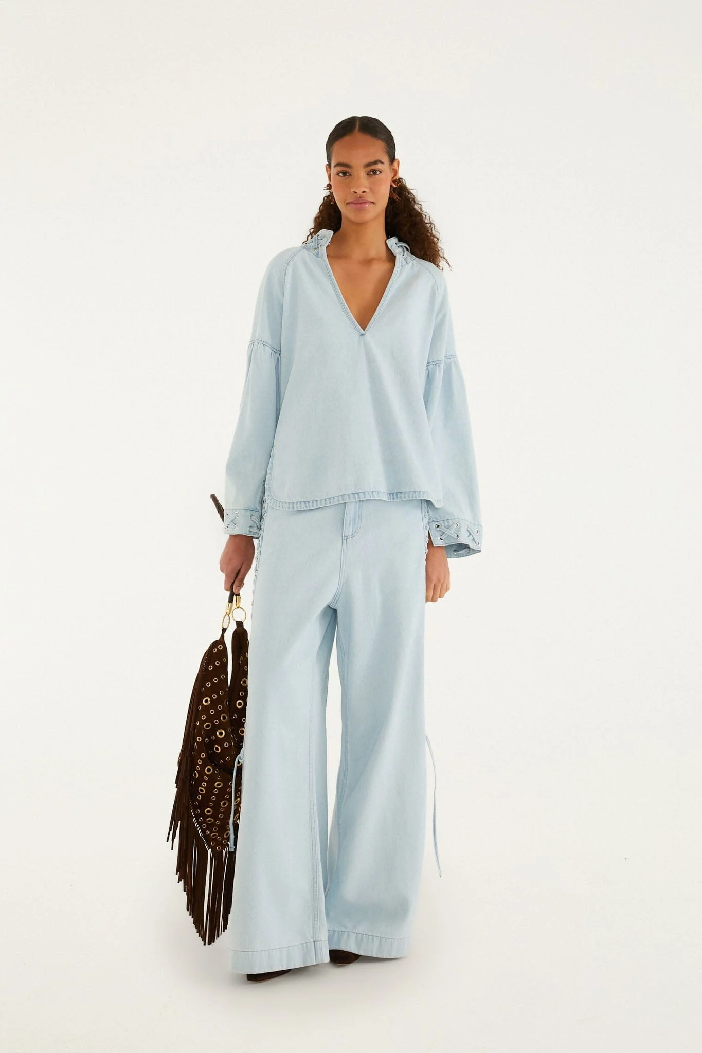 Light Denim Ties Wide-Leg Pants - 1