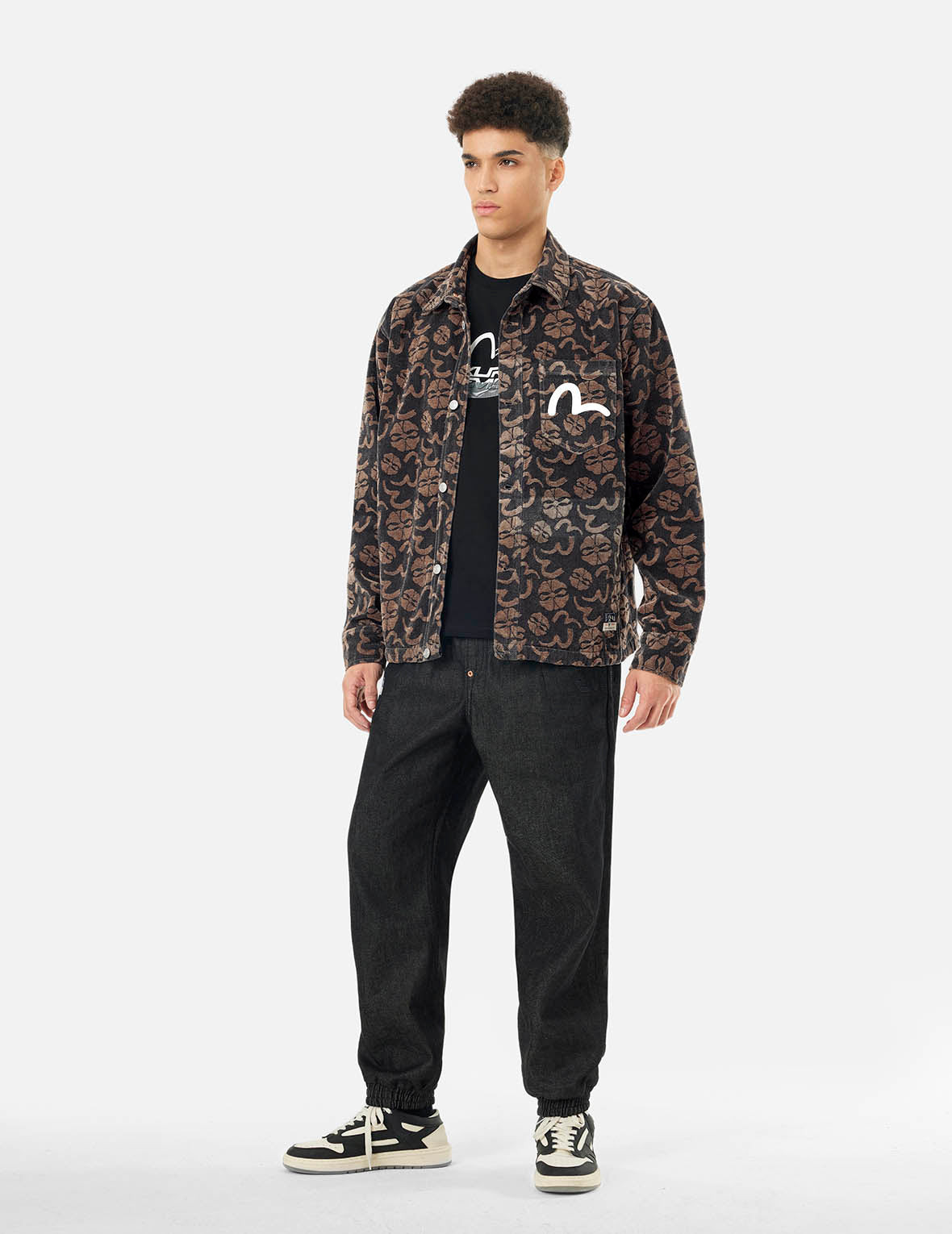Allover Seagull and Kamon Jacquard Loose Fit Shirt Jacket - 5