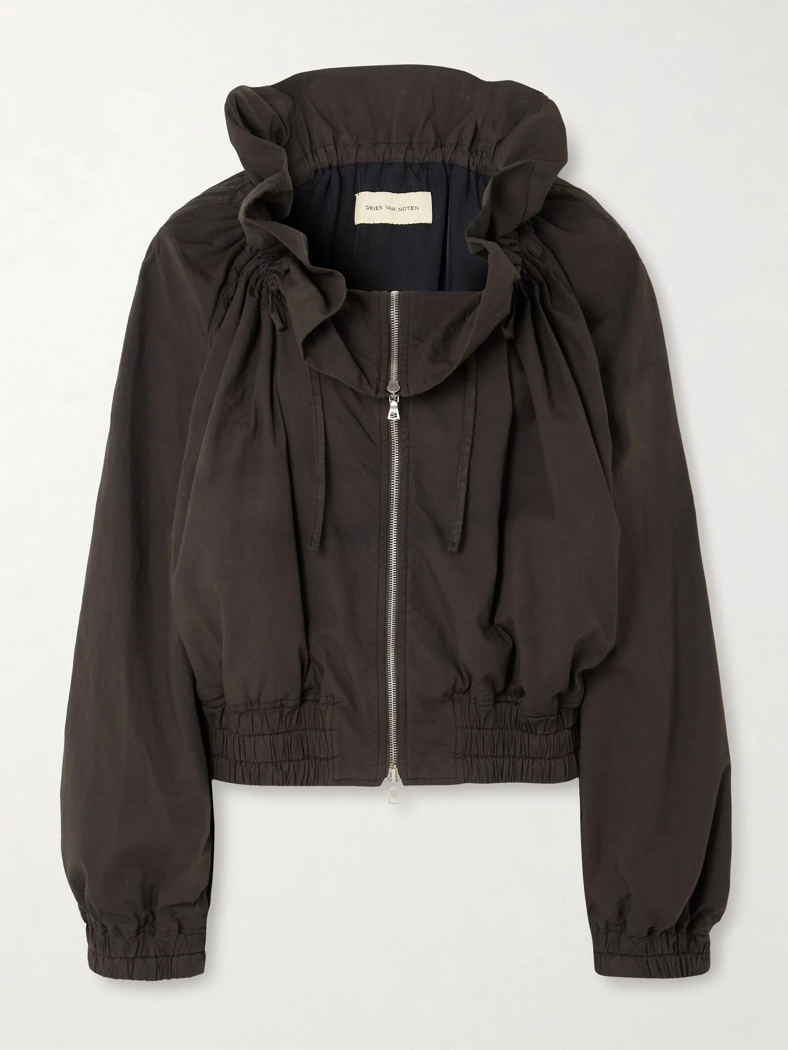 Ruffled gathered cotton-blend jacket Dark brown - 1