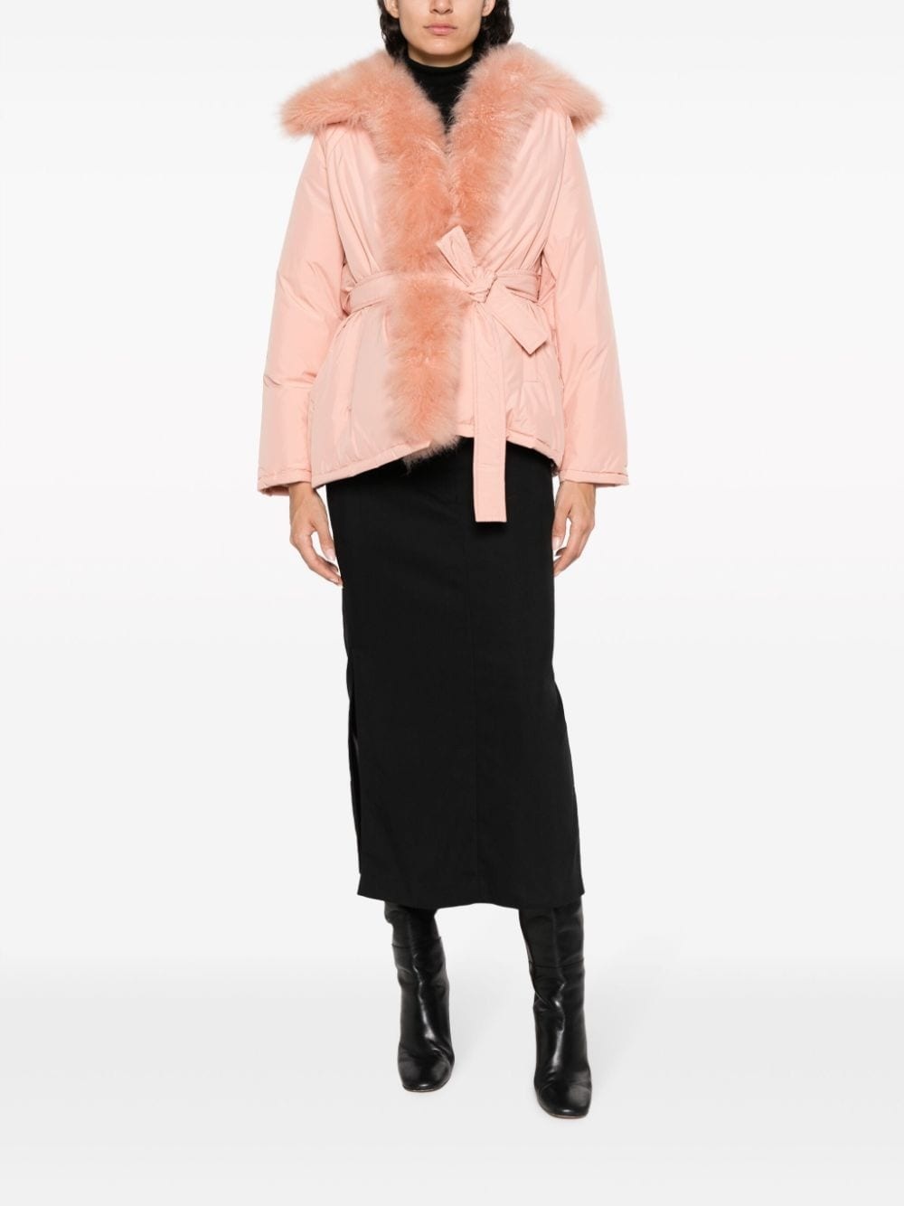shearling-trim belted down jacket - 2