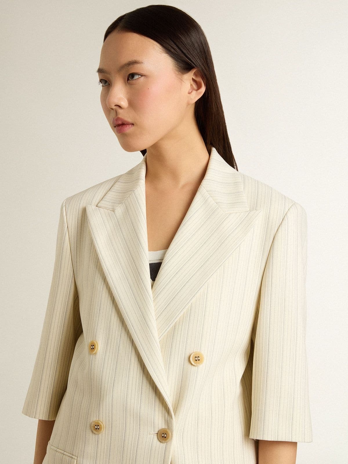 Women's blazer in white and gray pinstripe wool blend with short sleeves - 5