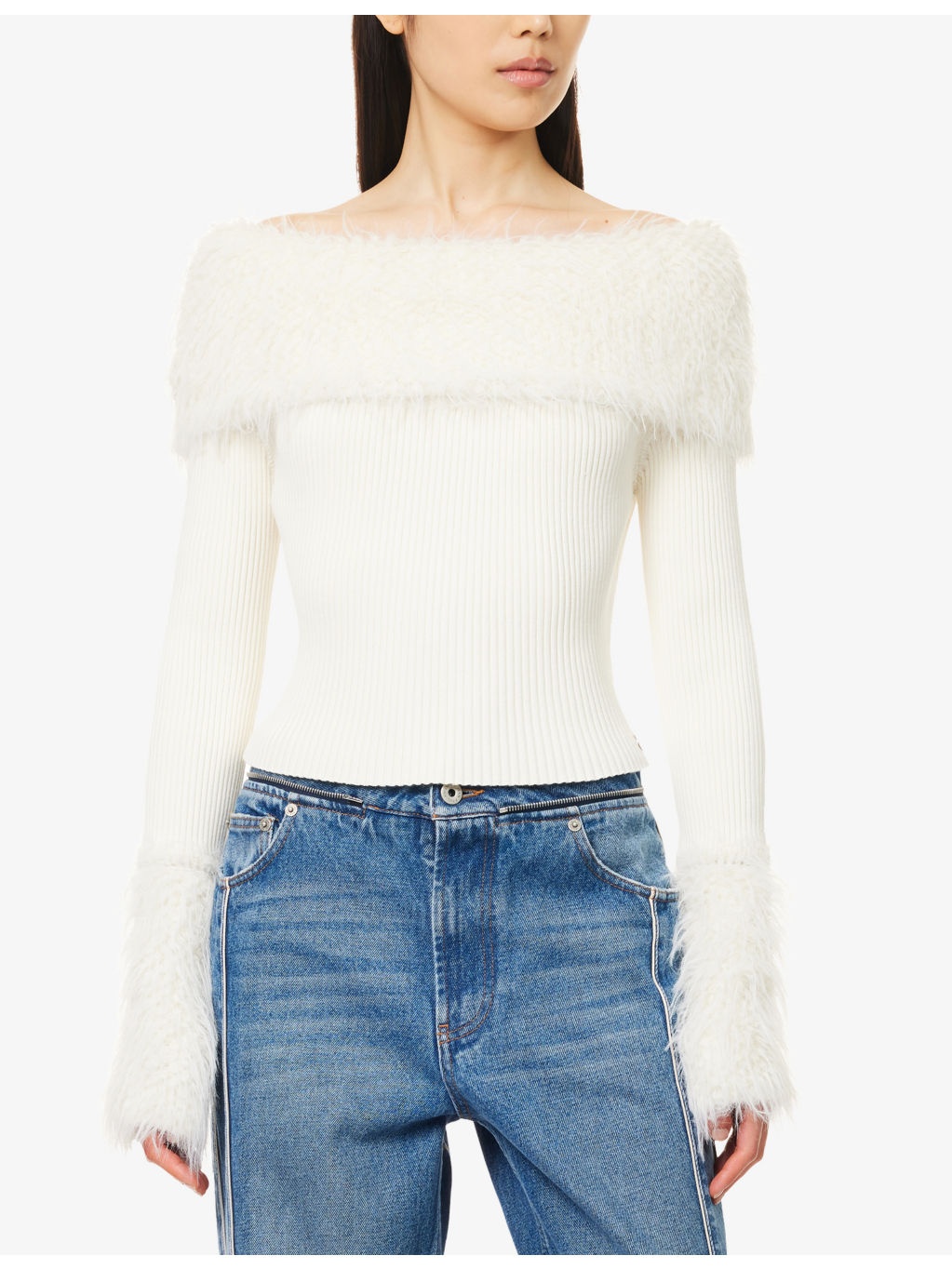 Off-Shoulder Faux Fur-Trim Ribbed Jumper - 3