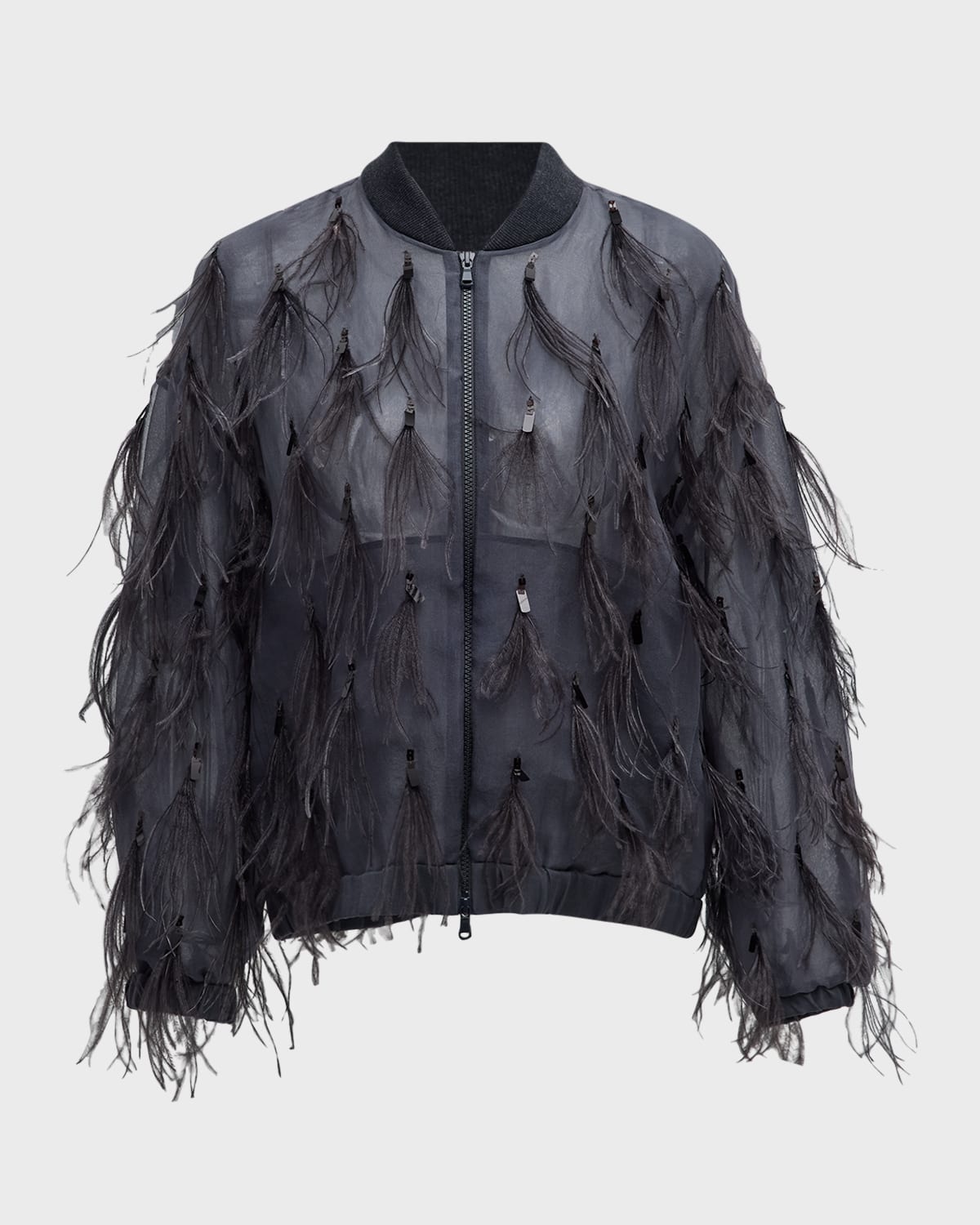 Crispy Silk Organza Bomber Jacket with Feather and Shiny Embroidery - 1