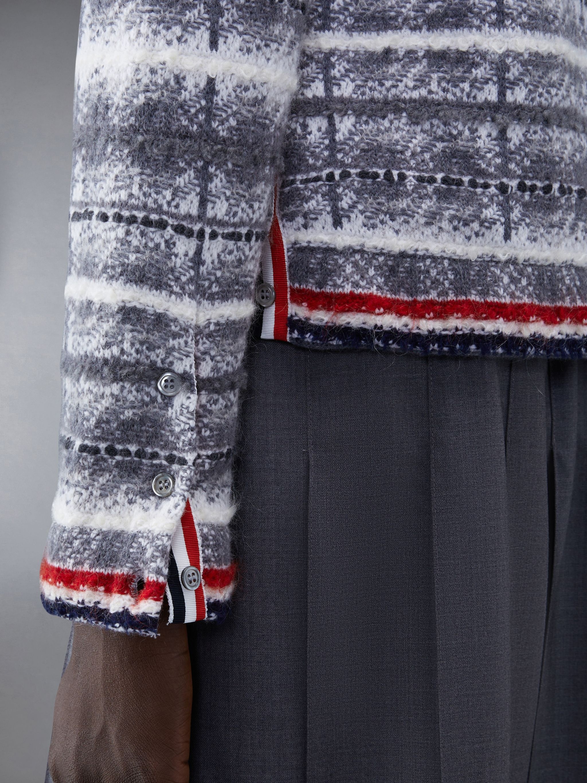 Tb Tartan Check Inlay Jacquard Classic V Neck Cardigan in Merino Wool & Mohair W/ Rwb Stripe - 5