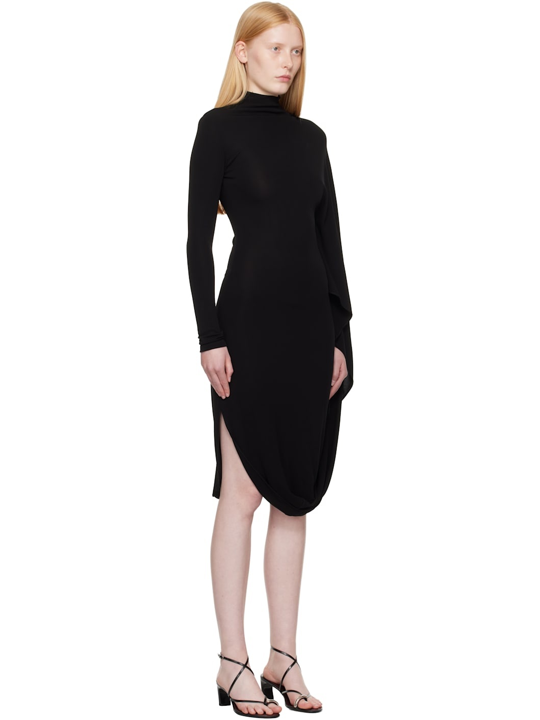 Black Asymmetric Cape Midi Dress - 2