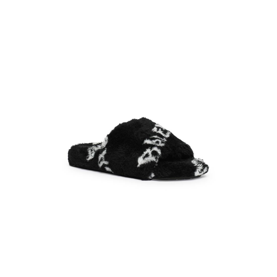 BALENCIAGA Women's Furry Slide Sandal Allover Logo in Black