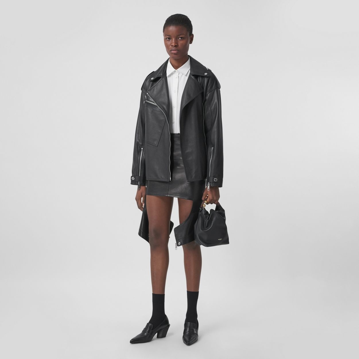 Cut-out Detail Stretch Lambskin Skirt - 2