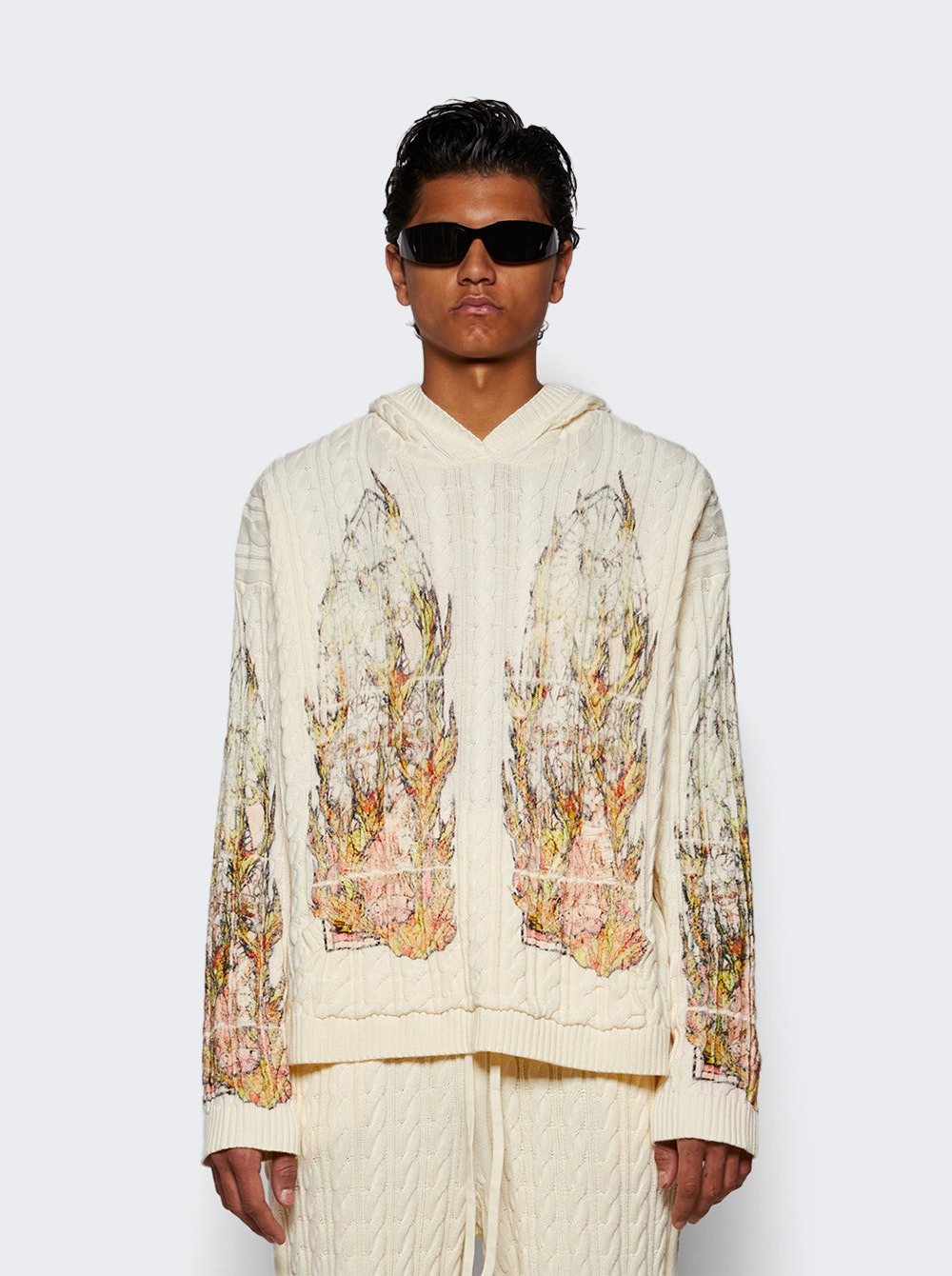 Flame Glass Cable Knit Hooded Pullover Cream - 2