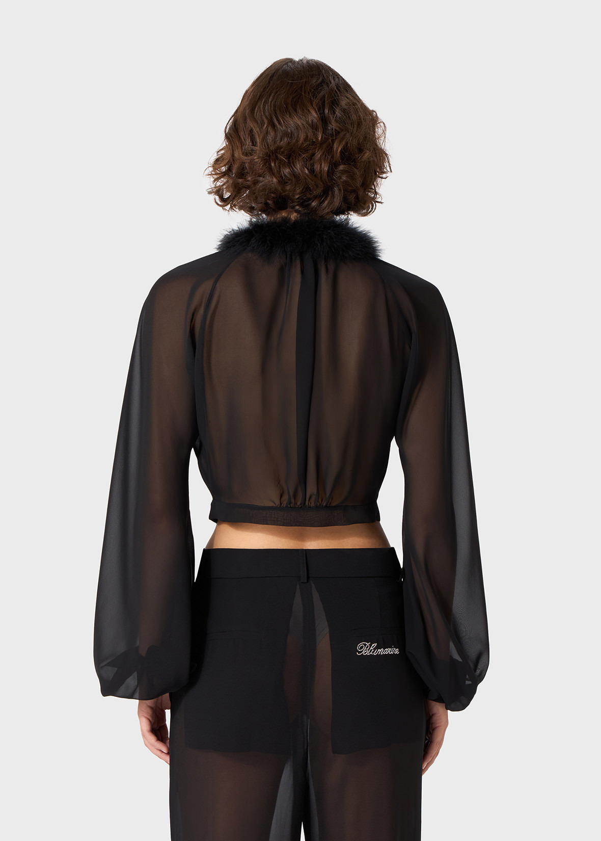 GEORGETTE SHIRT WITH FEATHER-TRIMMED NECKLINE - 4