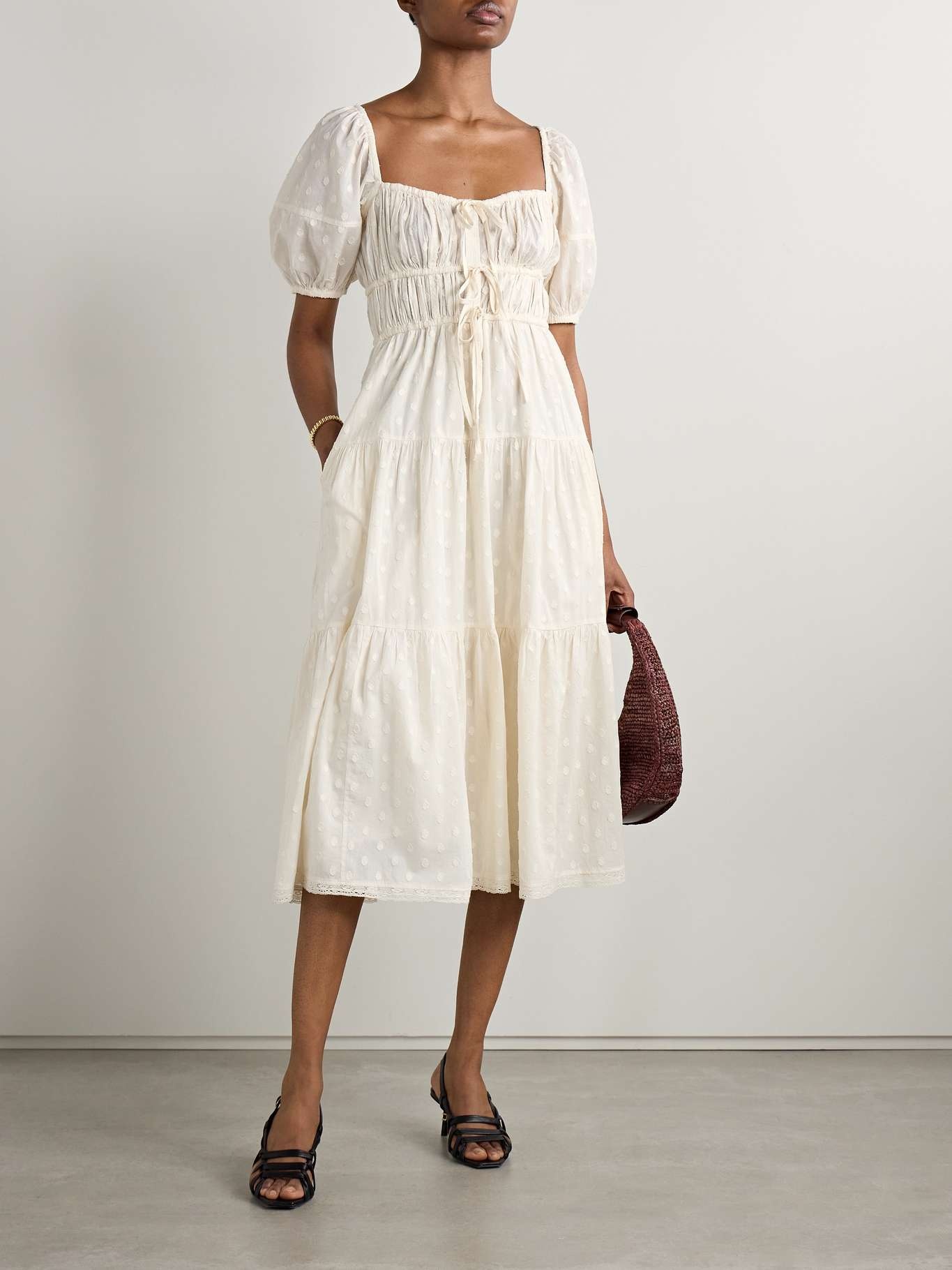 Palma crochet-trimmed fil coupé cotton-voile midi dress Ivory - 2