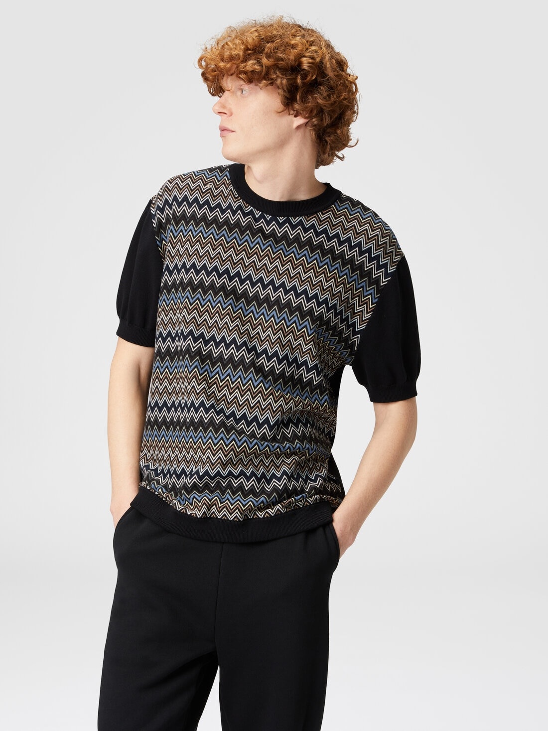 Zigzag cotton knit T-shirt with solid color inserts - 4