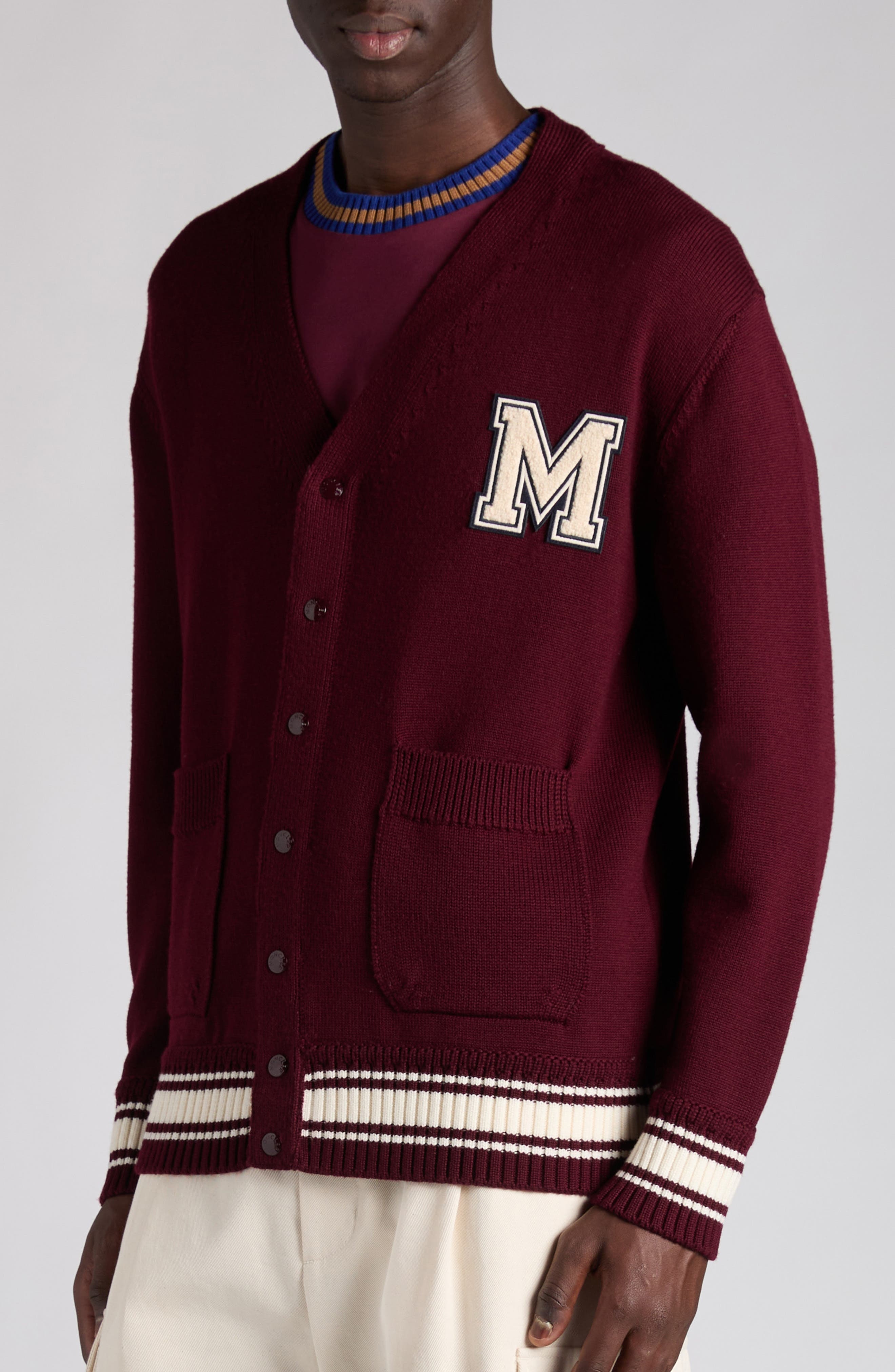 Moncler Monogram Patch Virgin Wool Cardigan in Catawba Grape at Nordstrom - 5