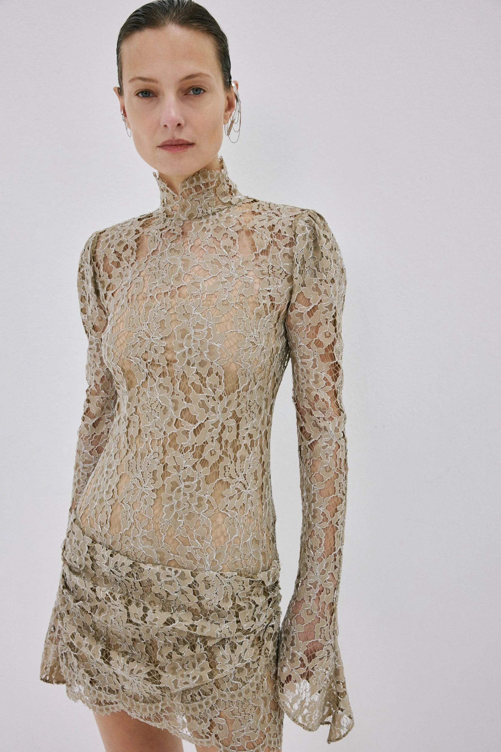 AGARTHA MINI DRESS IN TRUFFLE BROWN METALLIC LACE - 1
