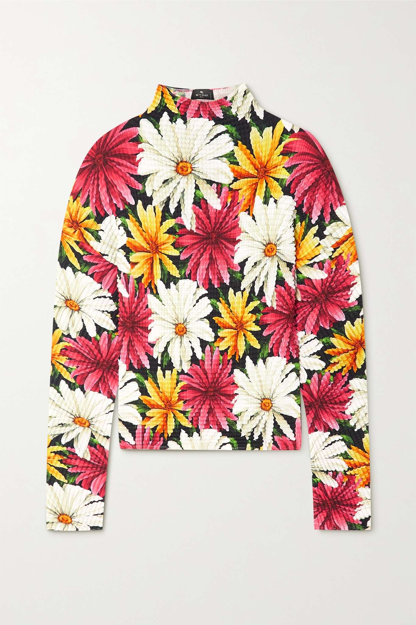 Floral-print seersucker turtleneck top - 1