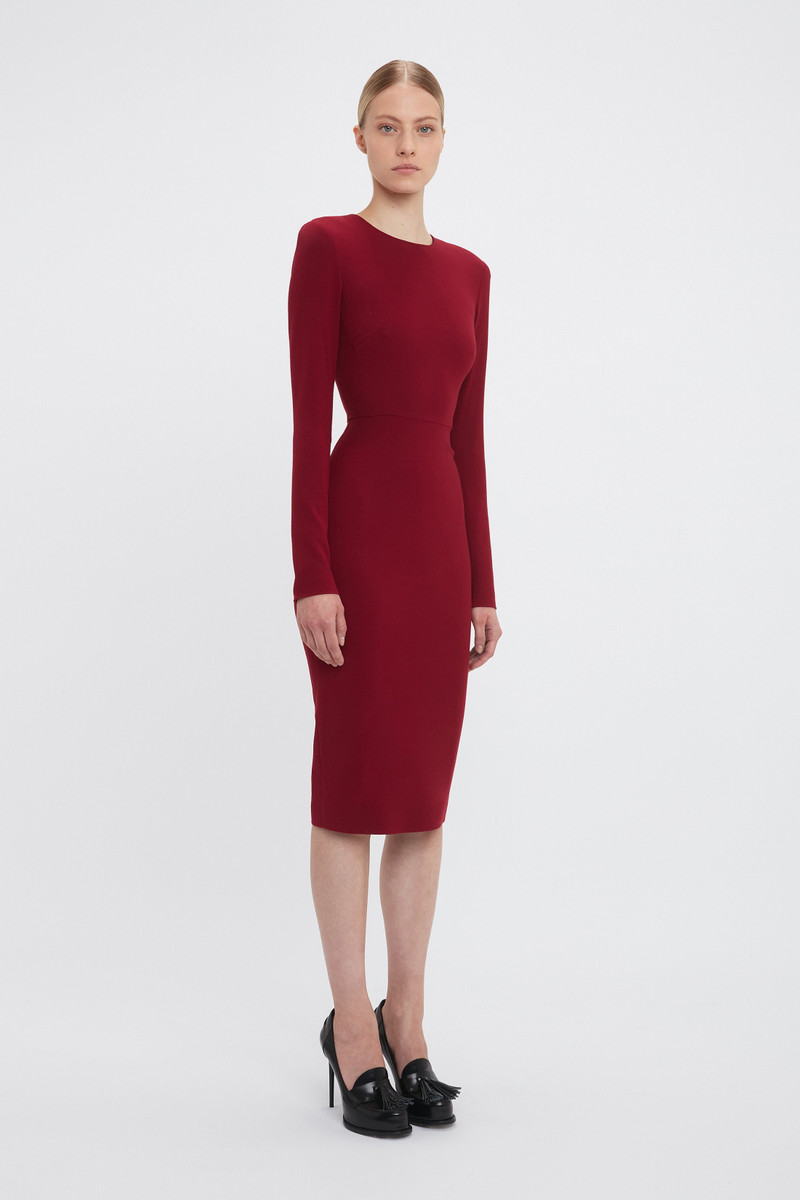 Victoria Beckham Long Sleeve T-Shirt Fitted Dress In Oxblood -  1424WDR005233A-OXBLOOD-4 | REVERSIBLE