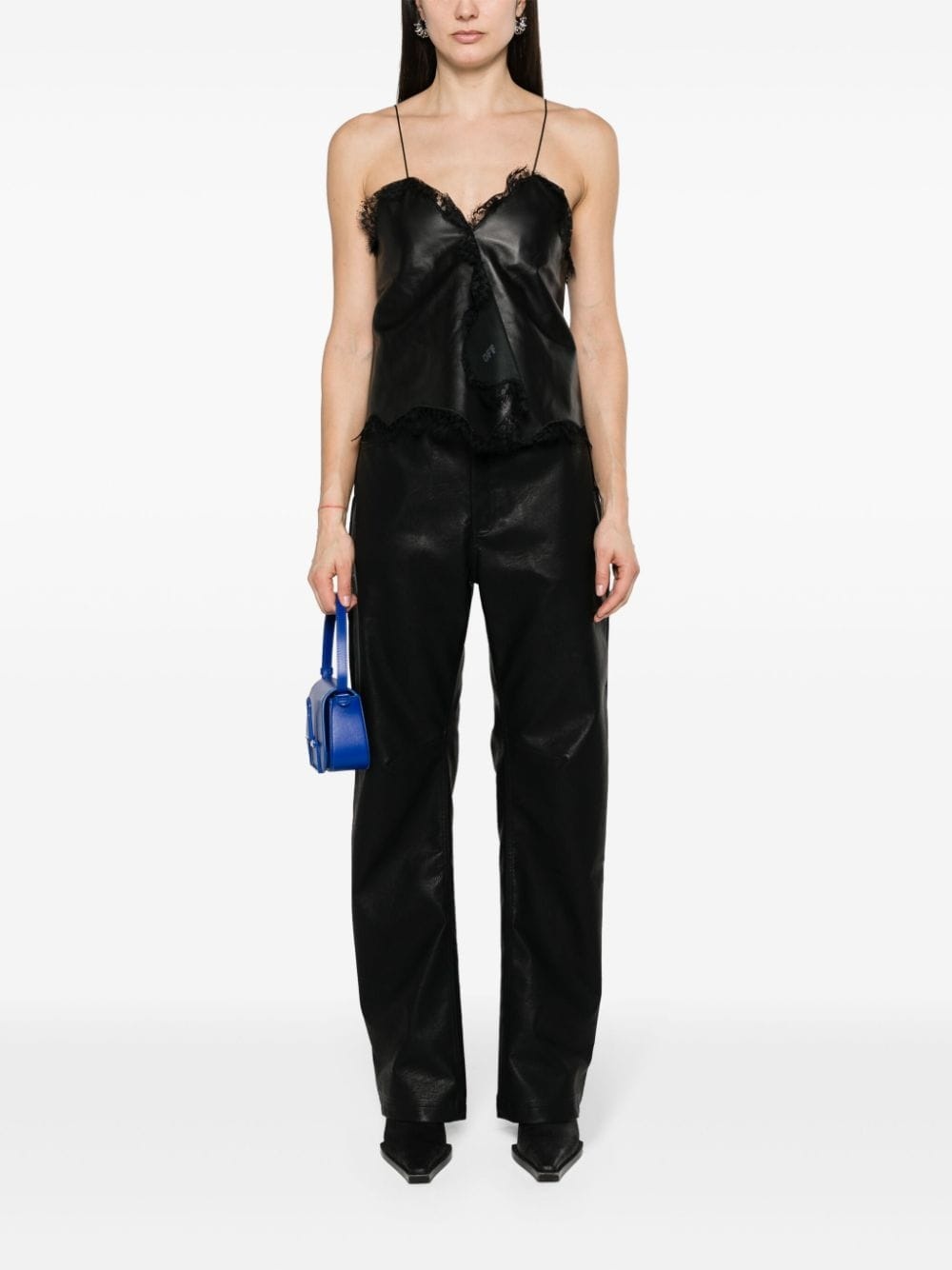lace-trim leather top - 2