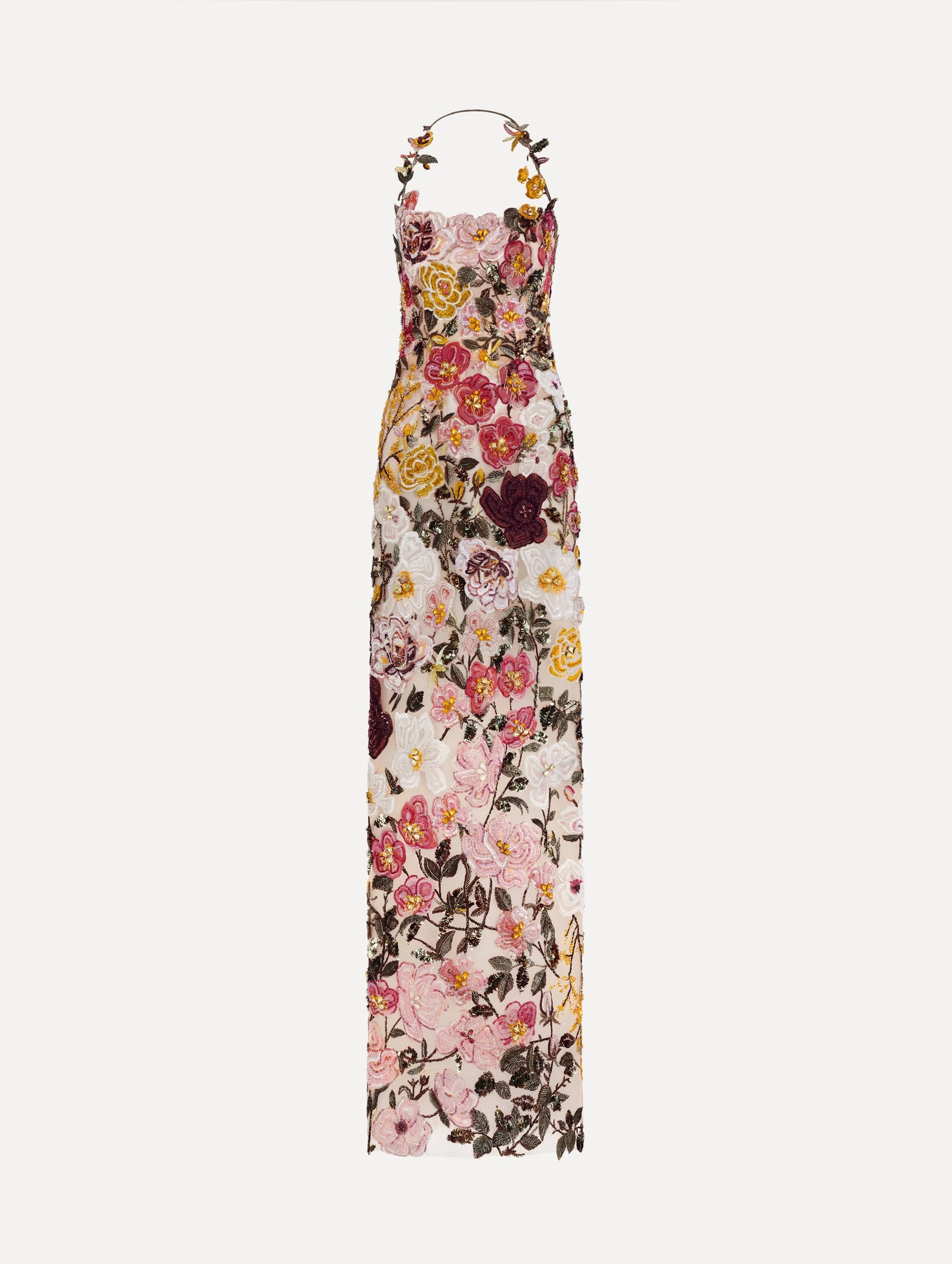 BEADED MIXED BOTANICAL EMBROIDERED HALTER GOWN - 1