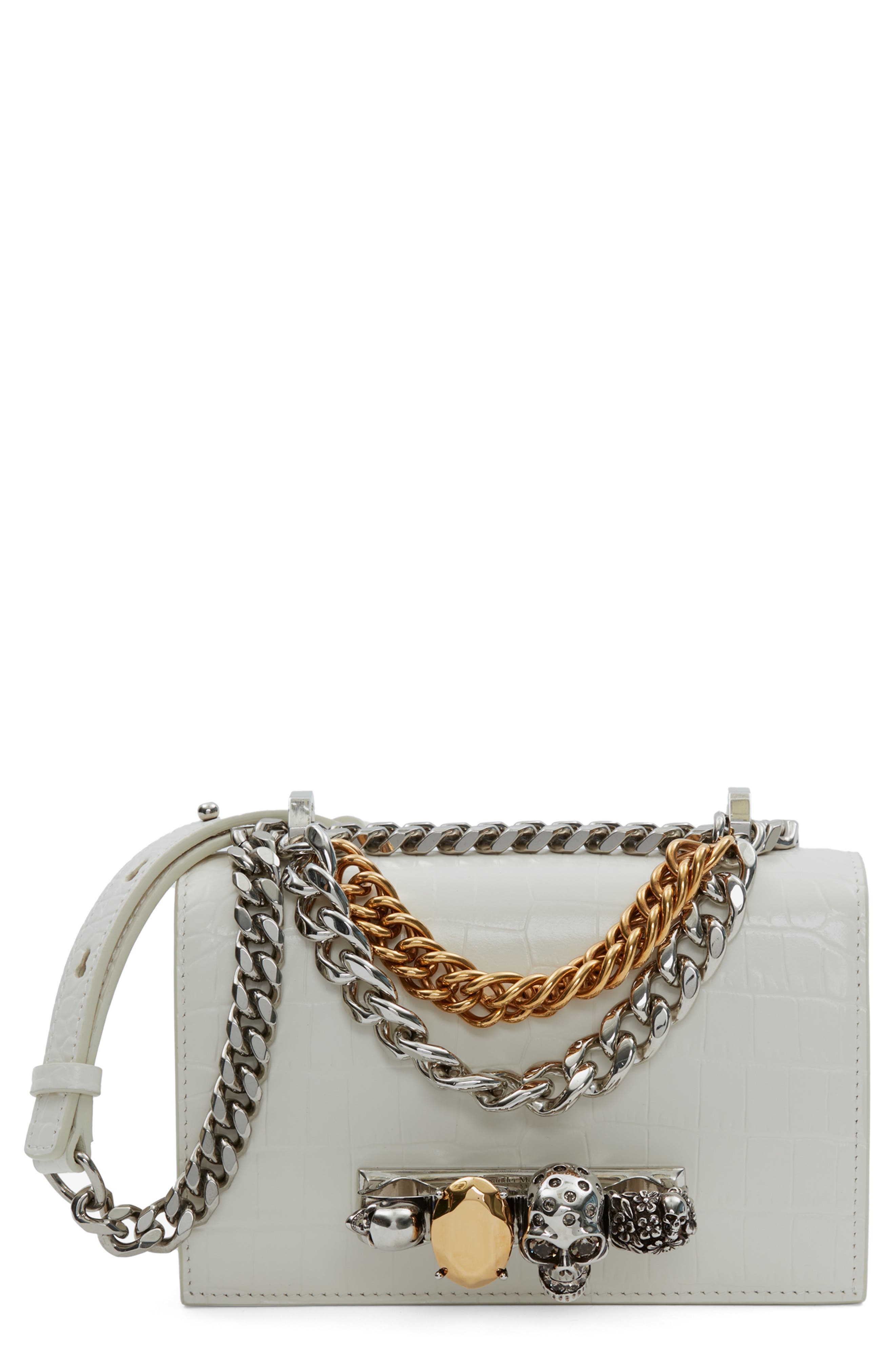 Alexander McQueen Mini Jeweled Croc Embossed Leather Satchel in 9210 Soft Ivory at Nordstrom - 1