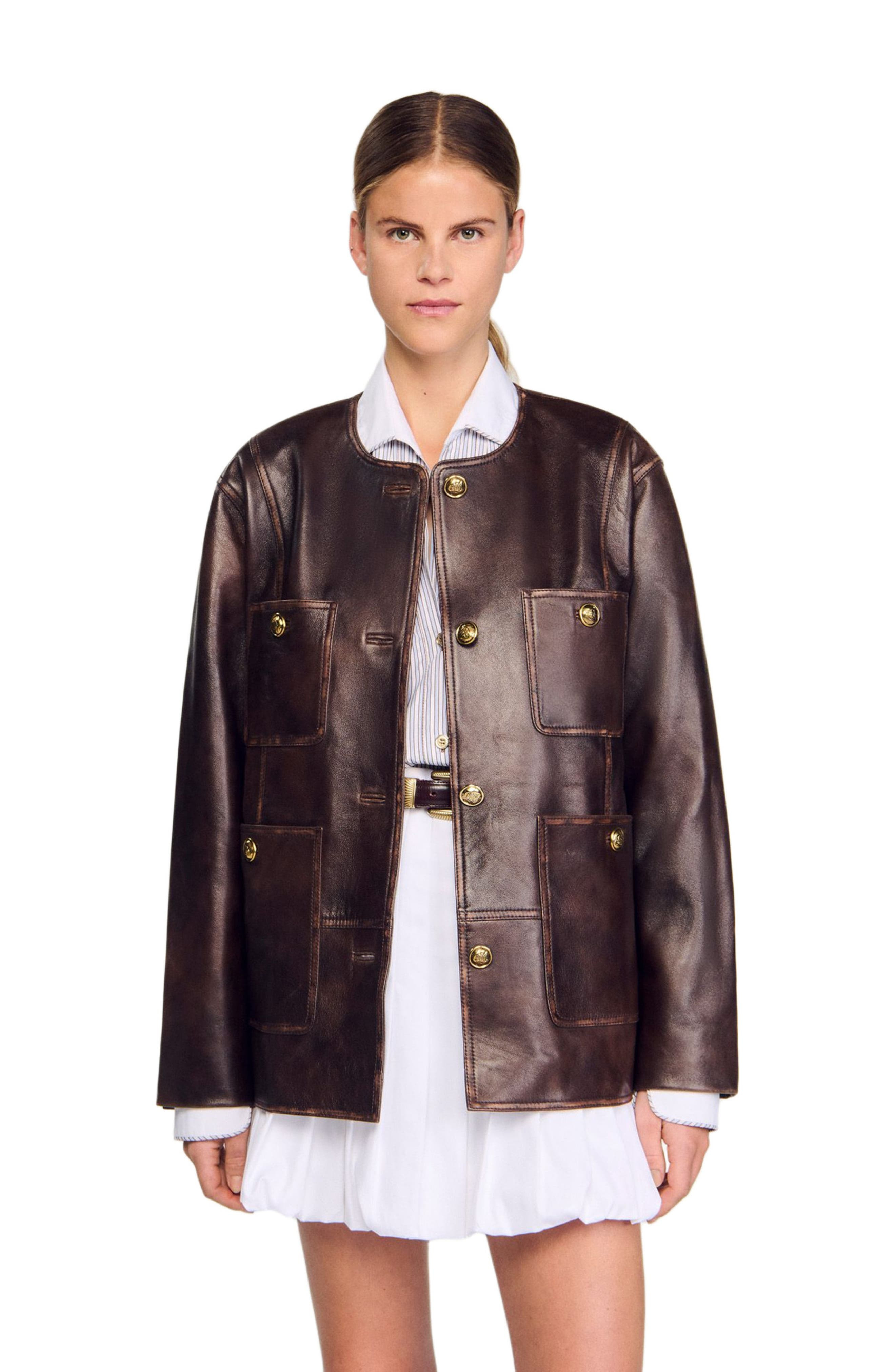 SANDRO Long distressed leather jacket in Black Brown at Nordstrom - 3