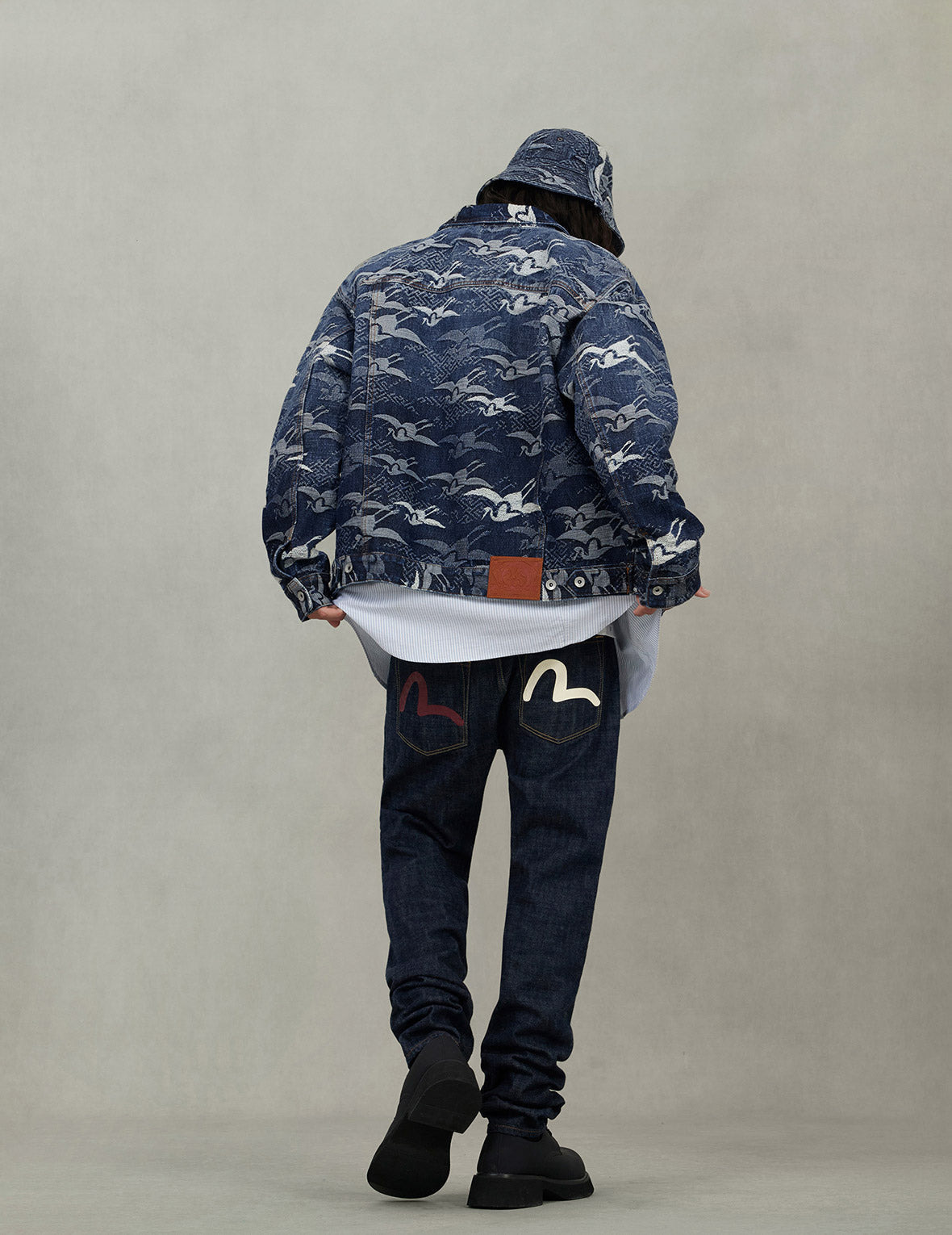Allover Seagull Cranes Jacquard Loose Fit Denim Jacket - 6