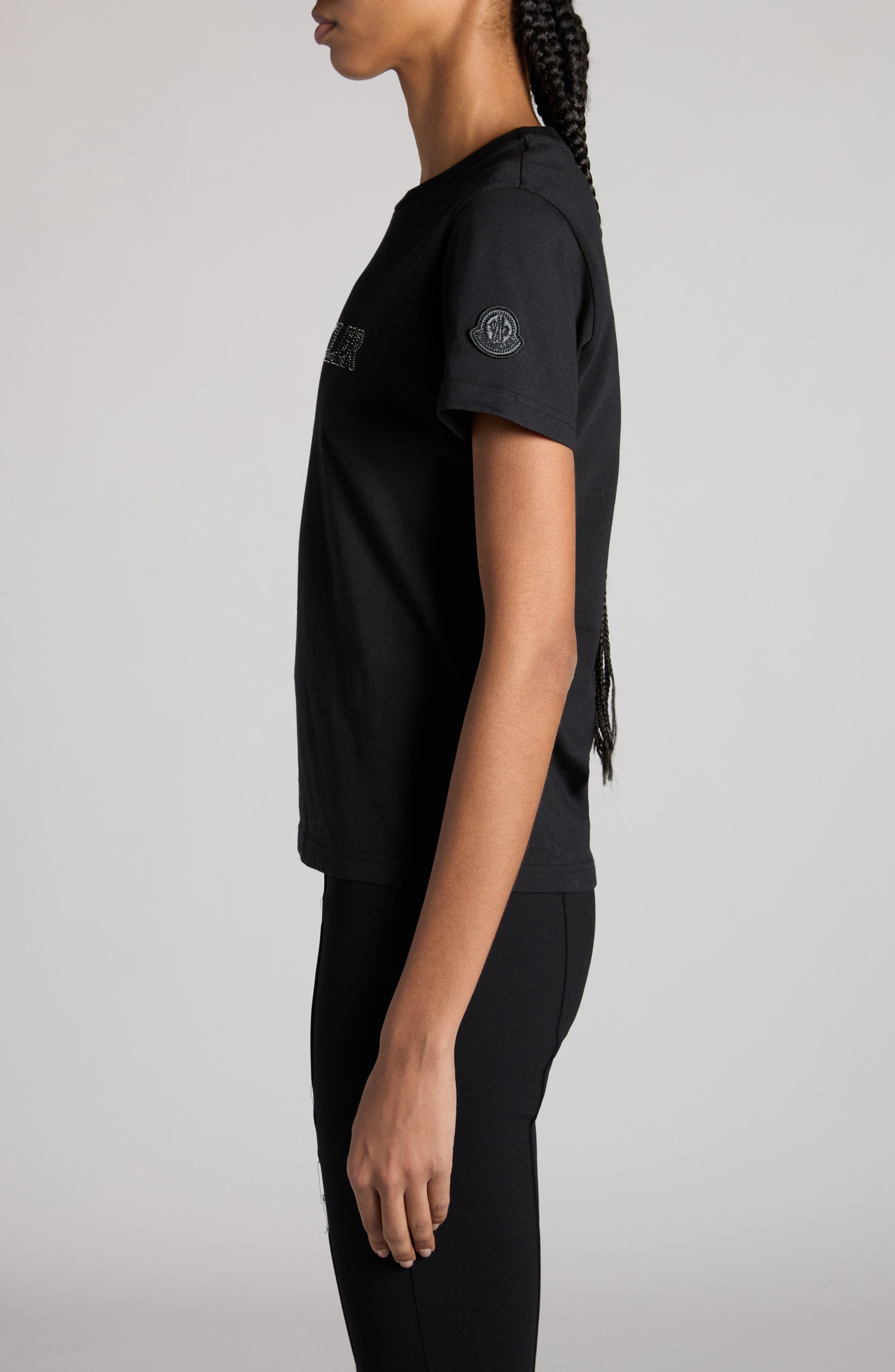 Moncler Crystal Embellished Logo Cotton T-Shirt in Black at Nordstrom - 3