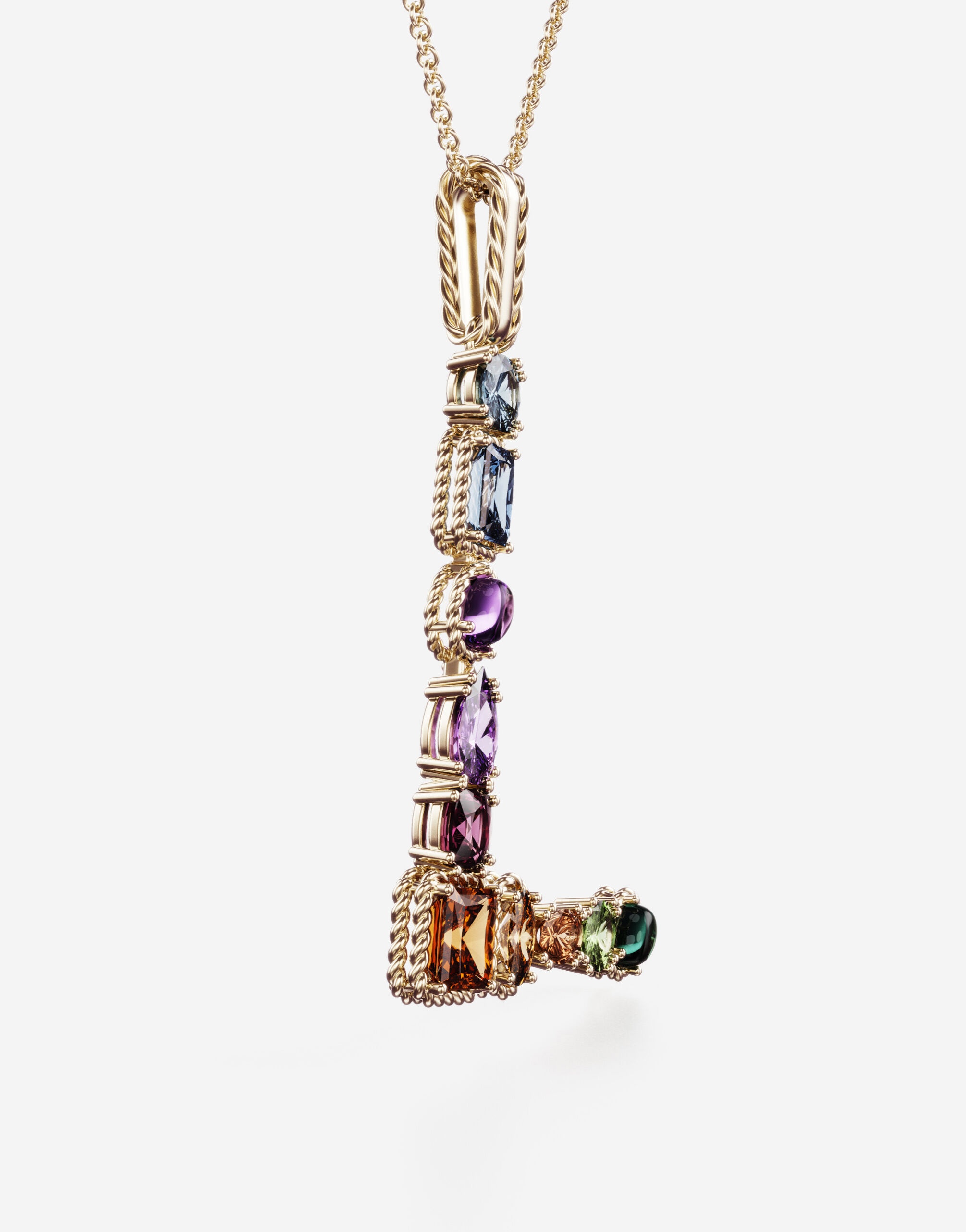 Rainbow alphabet L pendant in yellow gold with multicolor fine gems - 3