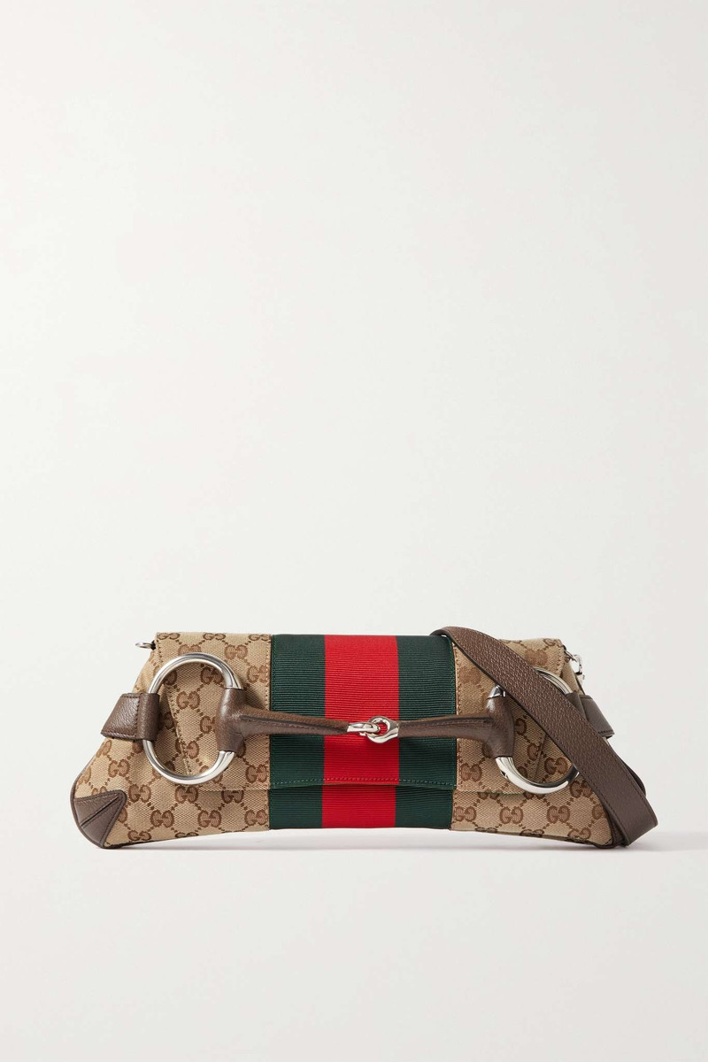 Horsebit-embellished webbing-trimmed canvas-jacquard shoulder bag - 1