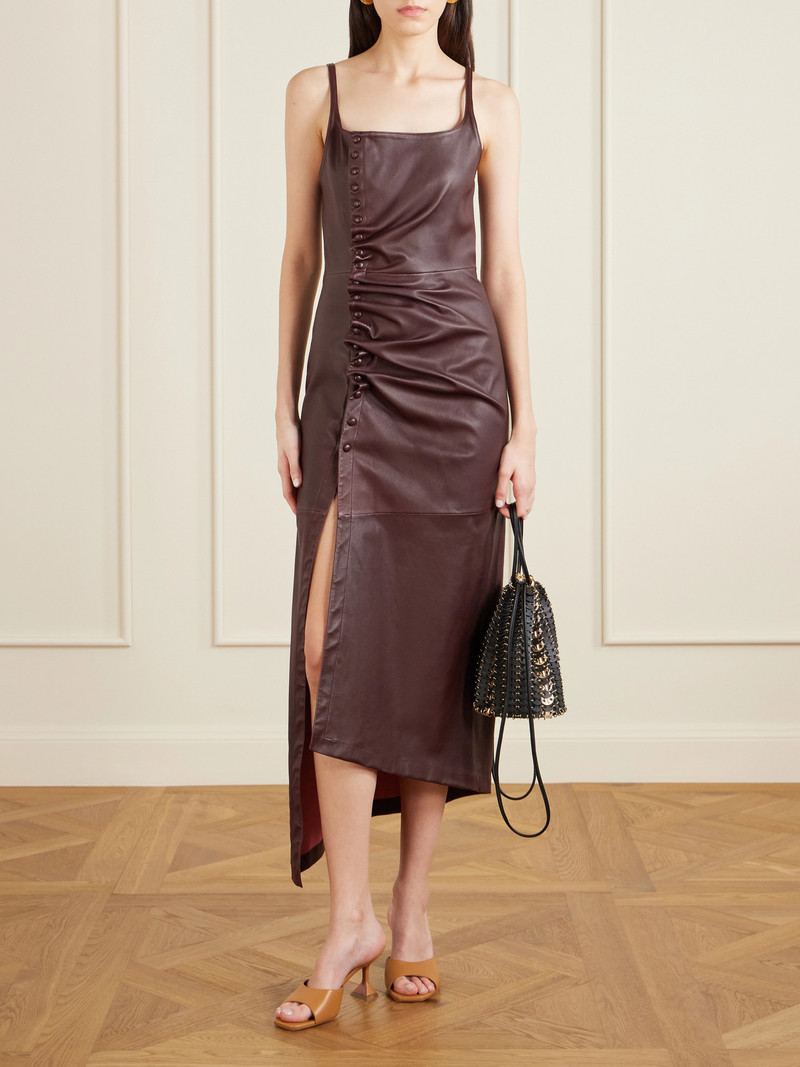 rabanne Asymmetric Ruched Leather Midi Dress outlook
