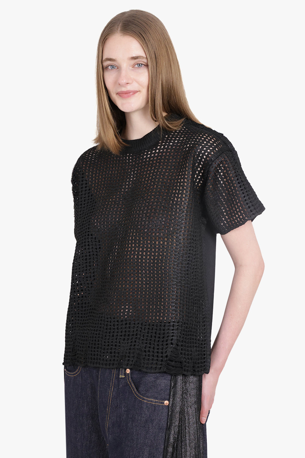 MESH OVERLAY S/S DISTRESSED KNIT T-SHIRT TOP | BLACK - 2