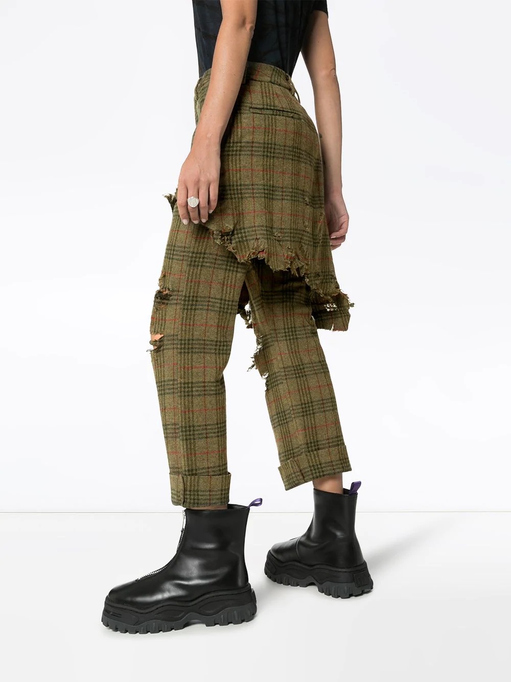 distressed skirt-detail checked trousers - 4