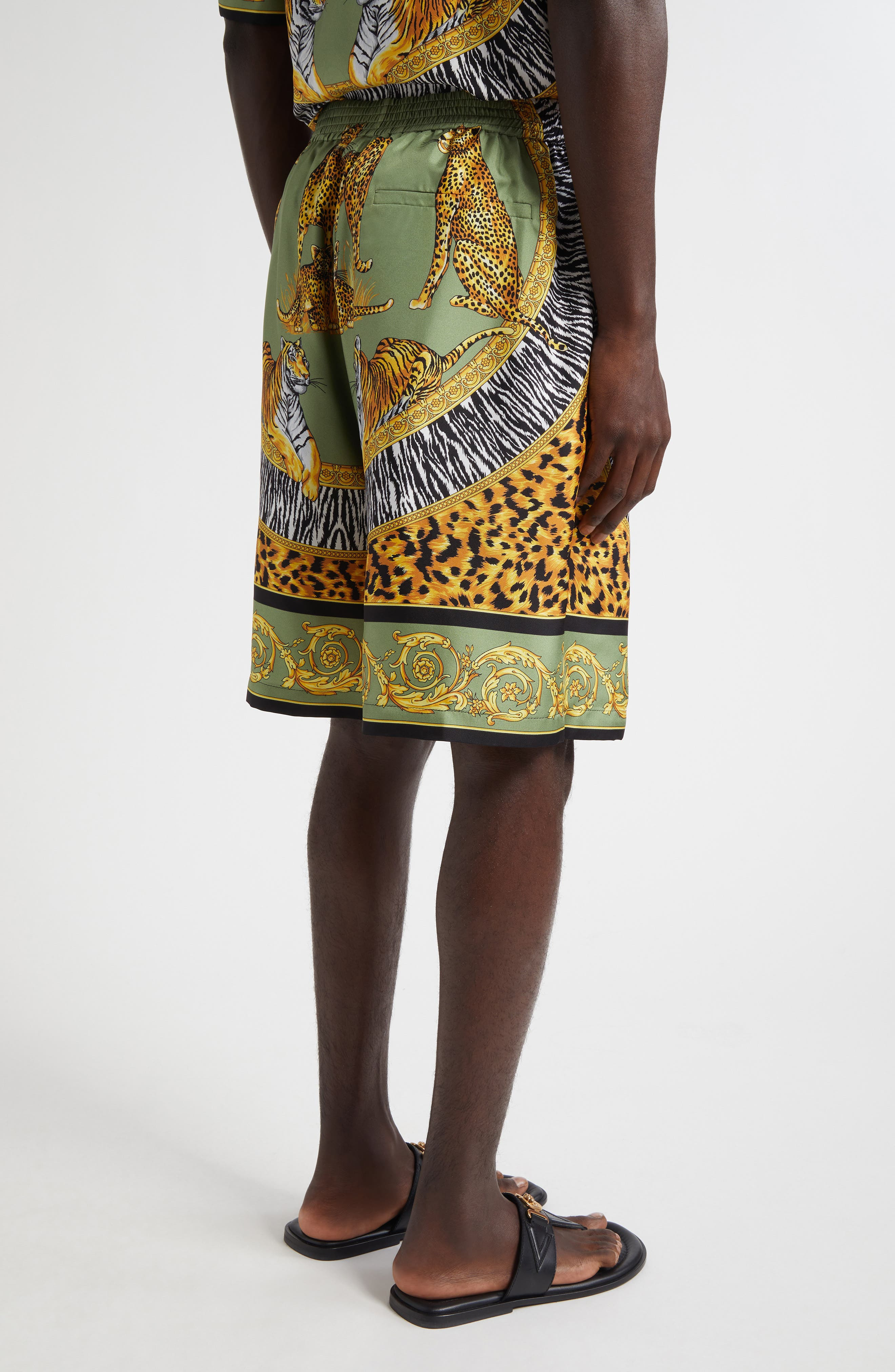 Versace Wild Cats Print Silk Twill Shorts in Green Black at Nordstrom - 2