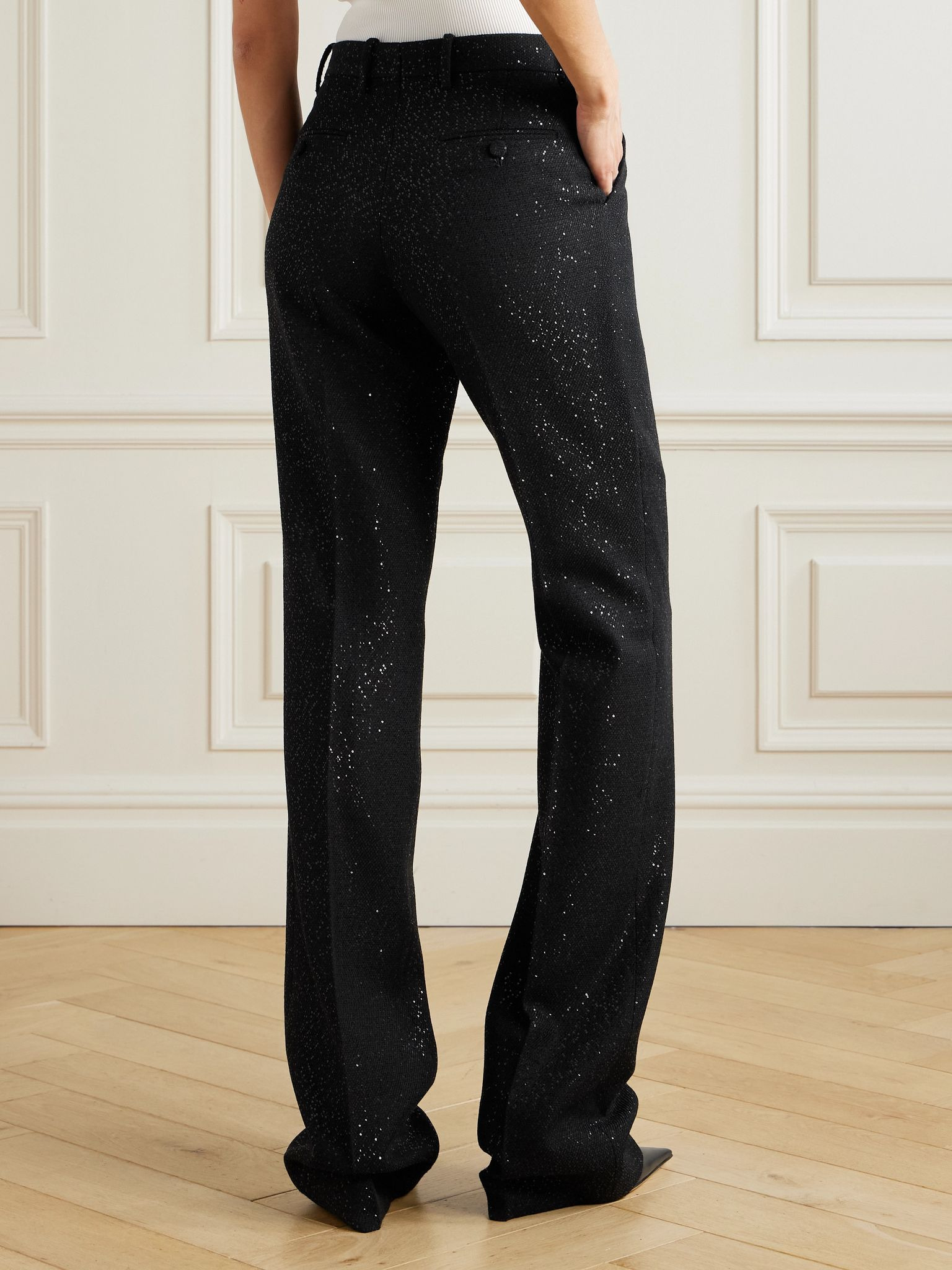 Sequin-embellished wool-blend twill straight-leg pants Black - 4
