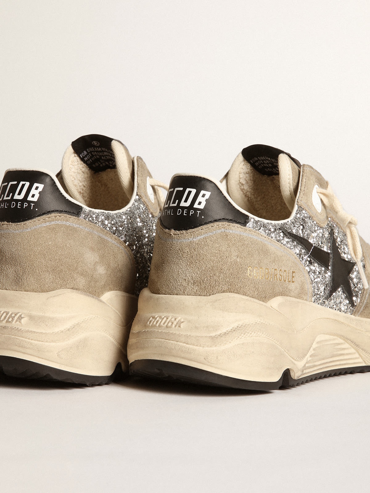 Golden Goose Running Sole sneakers in silver glitter and dove-gray suede  with black leather star | REVERSIBLE