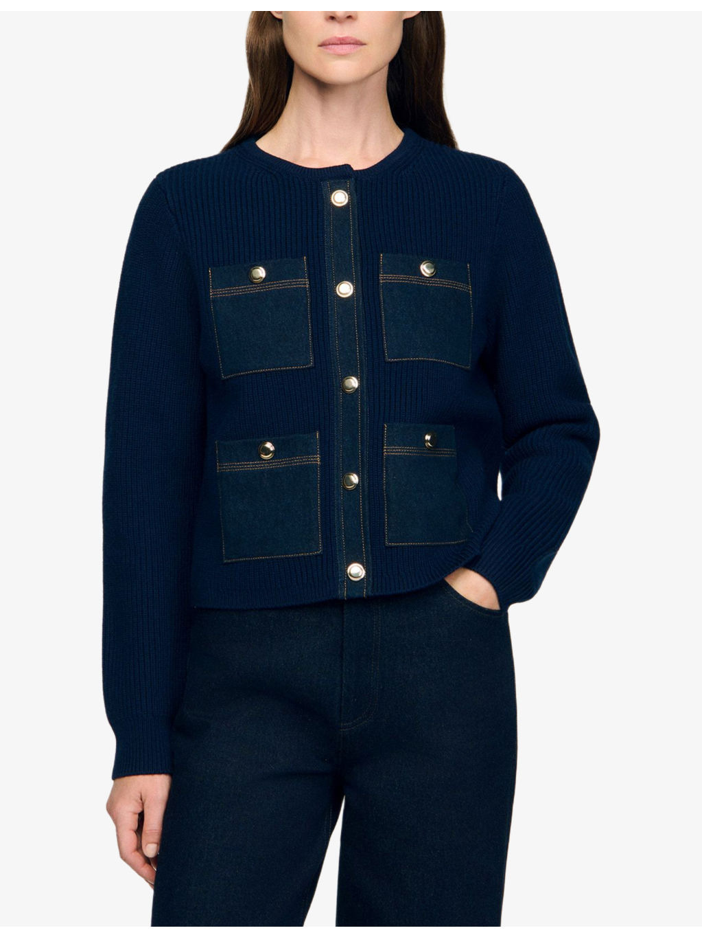 Denim-Pocket Ribbed Wool Cardigan - 3