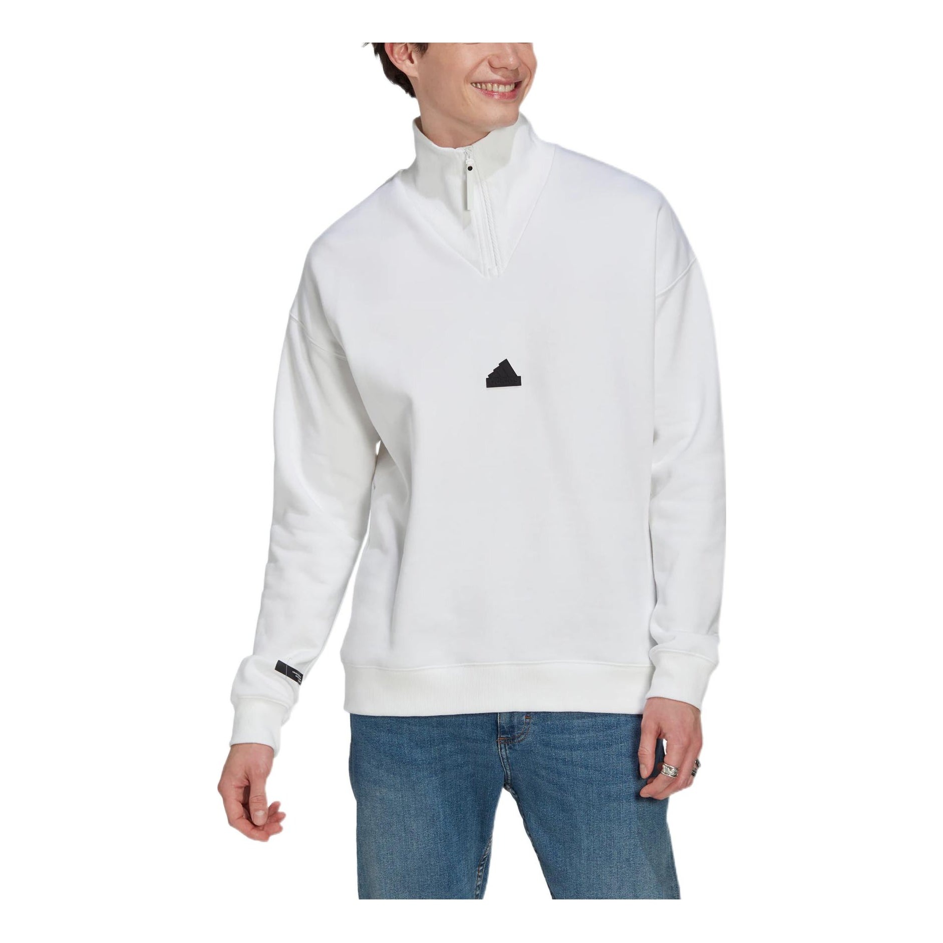 Men's adidas New 1/2-zip Solid Color Small Logo Half Zipper Pullover Stand Collar Long Sleeves White - 1