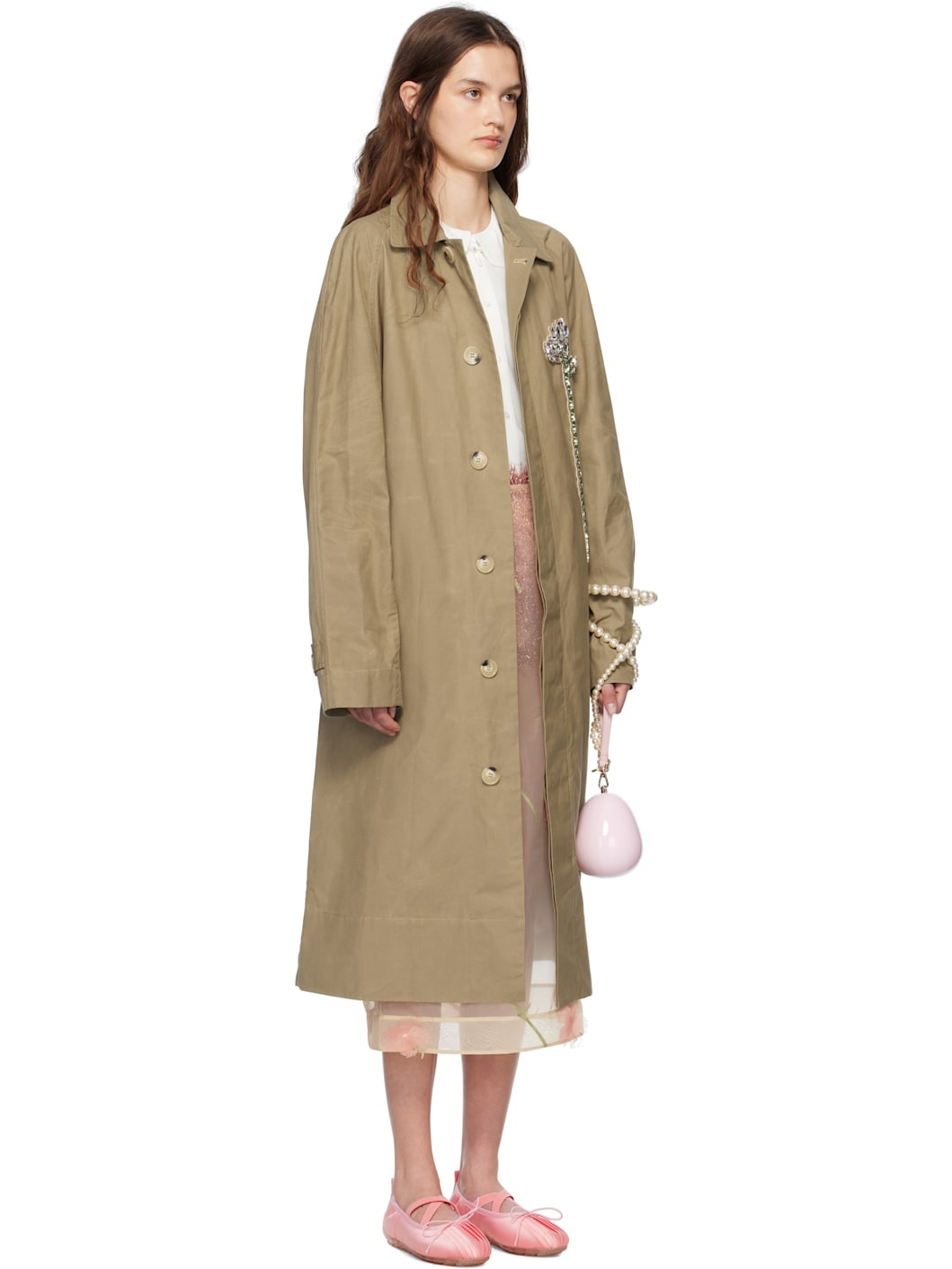 Beige Embellished Carnation Car Coat - 2
