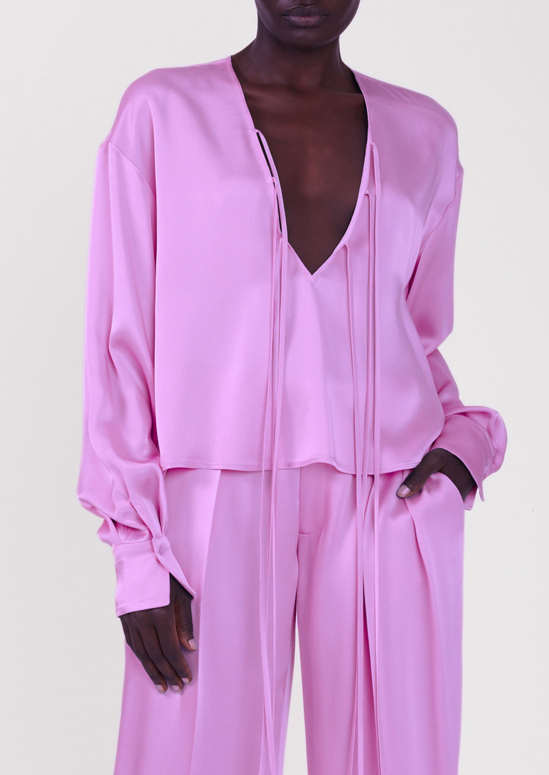 Doubleface Satin V Neck Tie Front Blouse 1