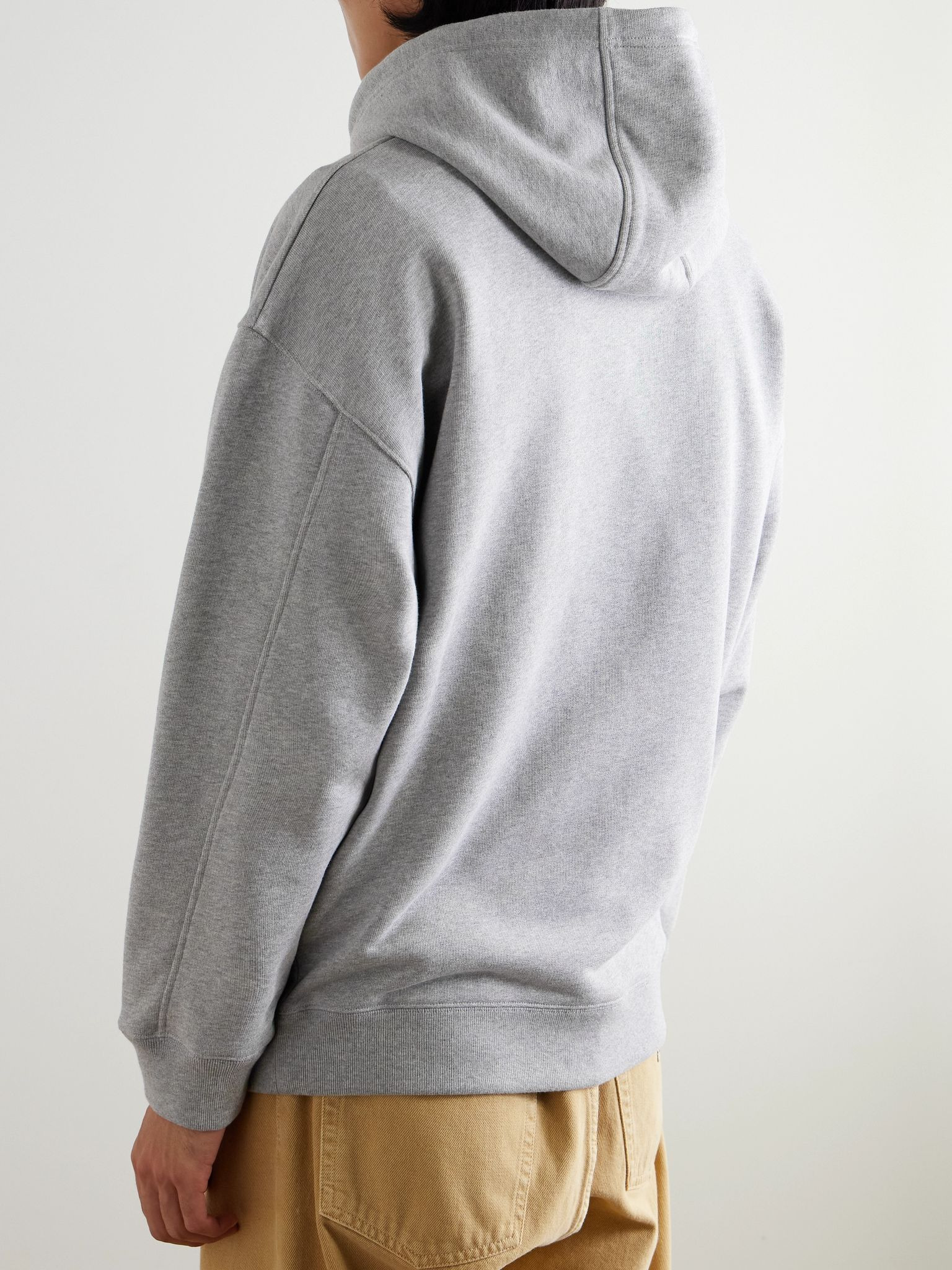 Logo-Embroidered Leather-Trimmed Cotton-Jersey Hoodie Gray - 3