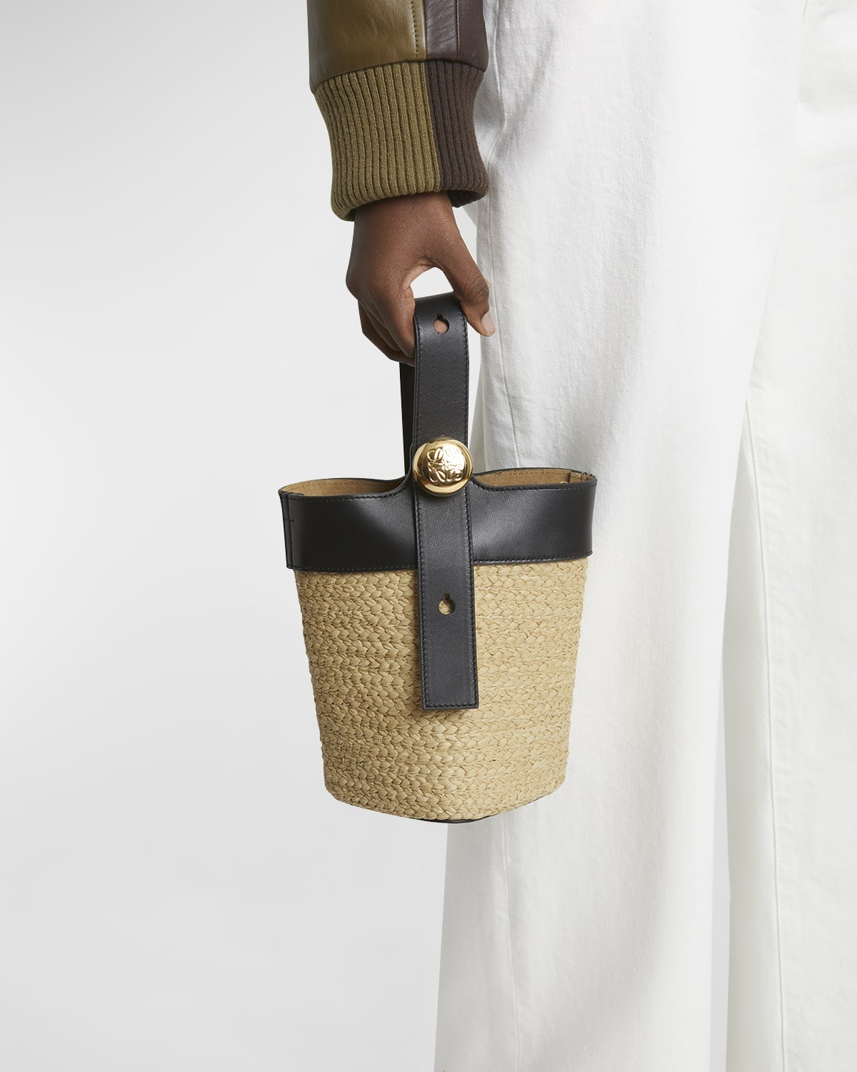 Mini Anagram Pebble Raffia Bucket Bag - 4