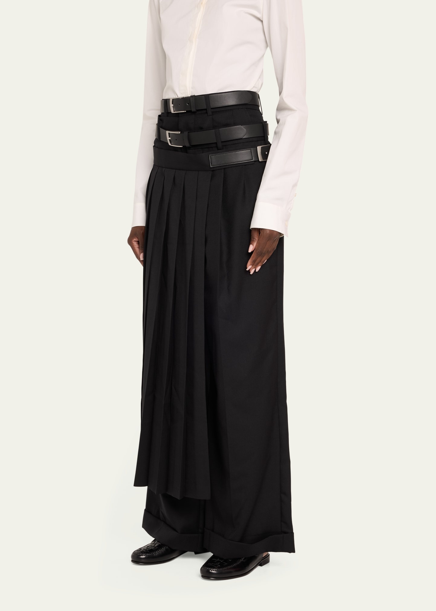 Pleated Skirt Over Wool Pants - 4