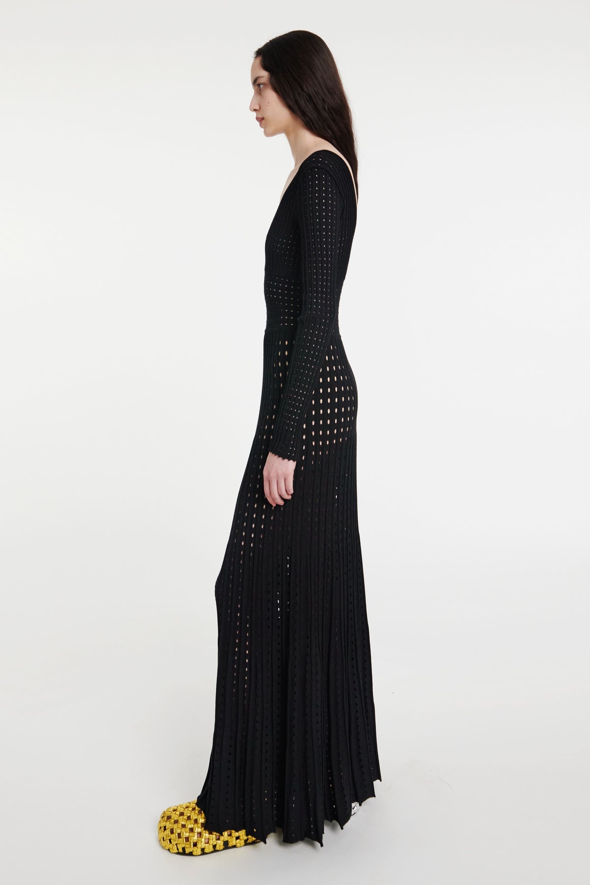 PERFORATED KNIT DRESS WITH LOW V-NECK AND BACK OPENING BLACK - 3