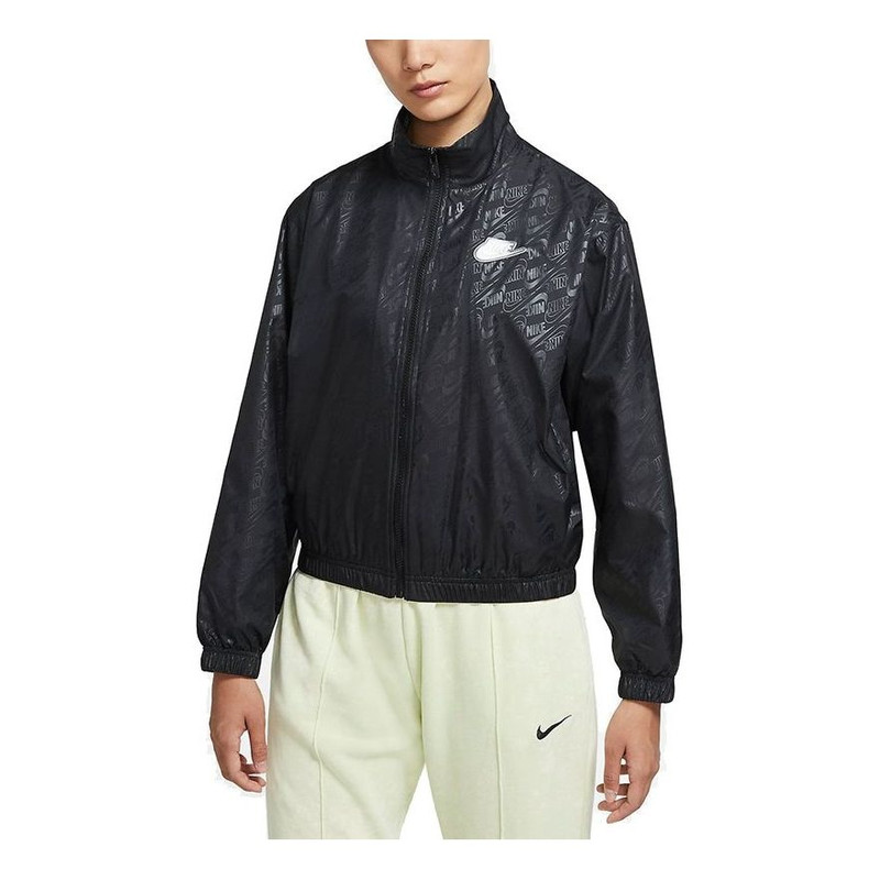 (WMNS) 나이키 운동복 가득 차있는 인쇄 로고 느슨한 스포츠 길쌈된 재킷 검정 DD5787-010 - 1