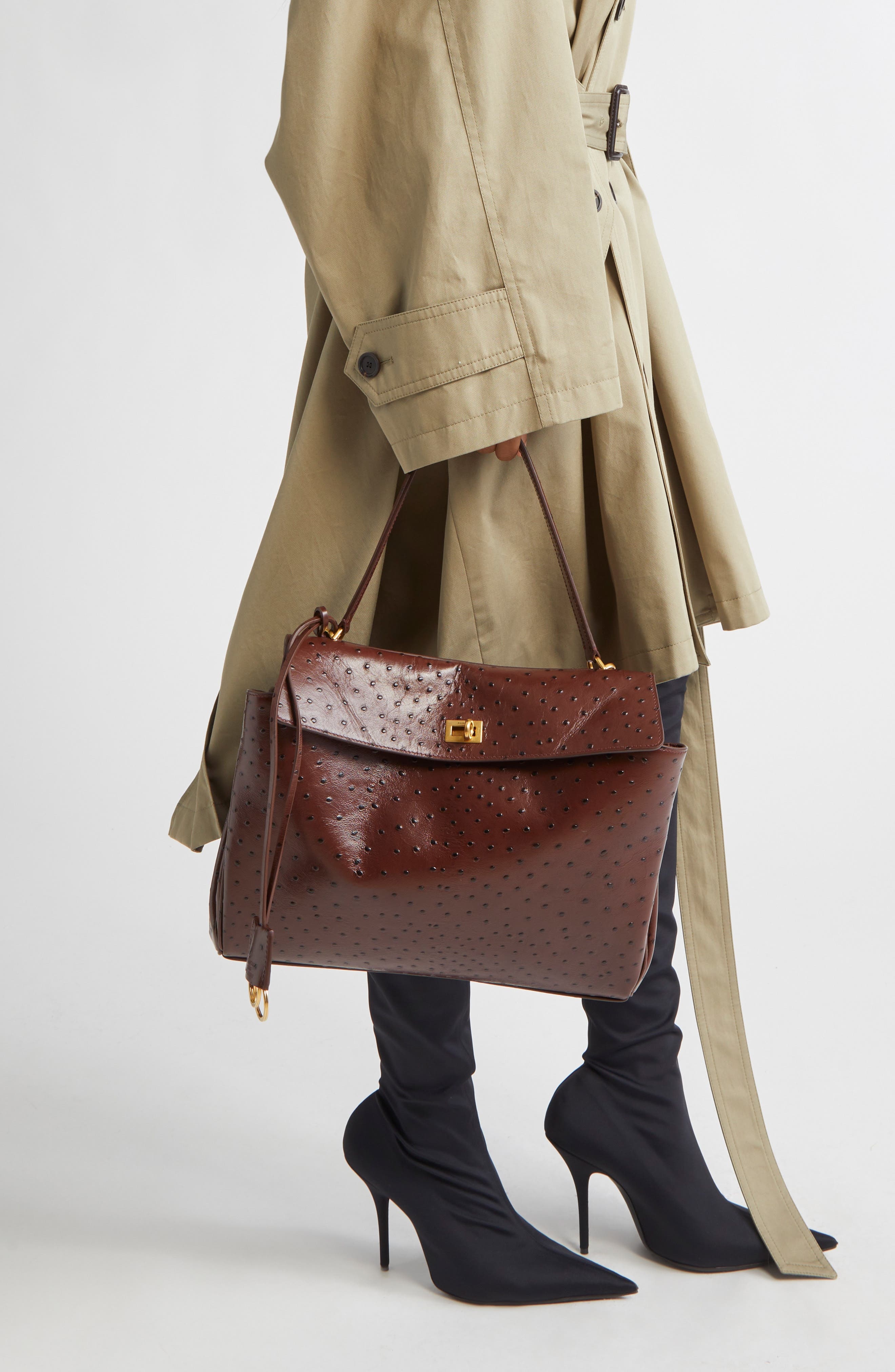 Balenciaga Rodeo Ostrich Embossed Leather Top Handle Bag in 2053 Chocolate at Nordstrom - 3