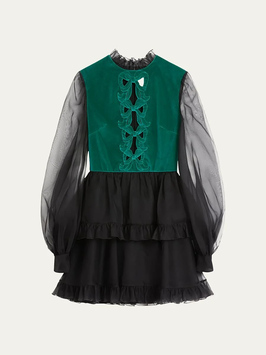 Velvet Top Sheer Sleeve Mini Dress - 1