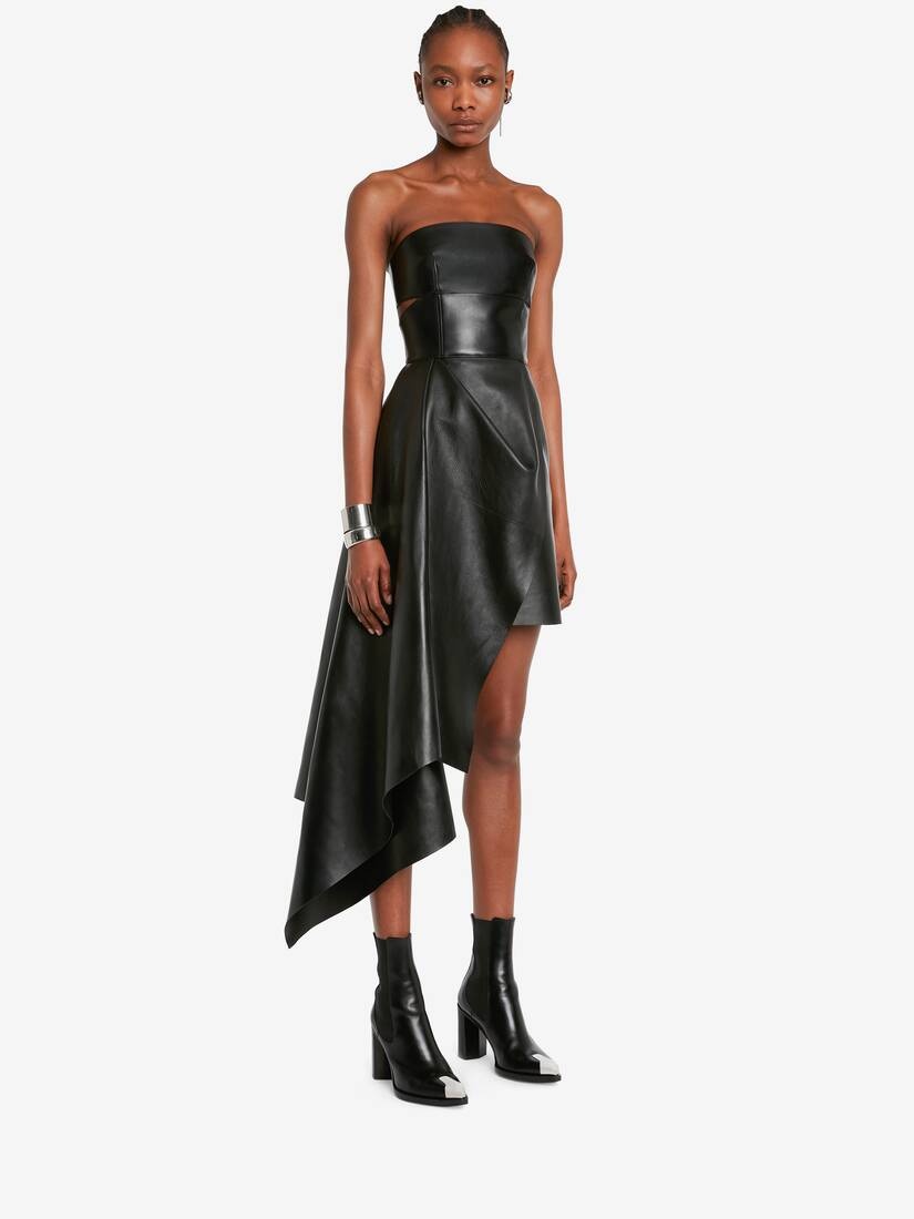 Women's Leather Bustier Drape Dress in Black - 3