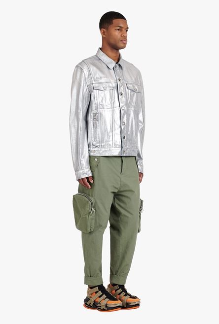 Silvery jean jacket with embossed Balmain logo - 7