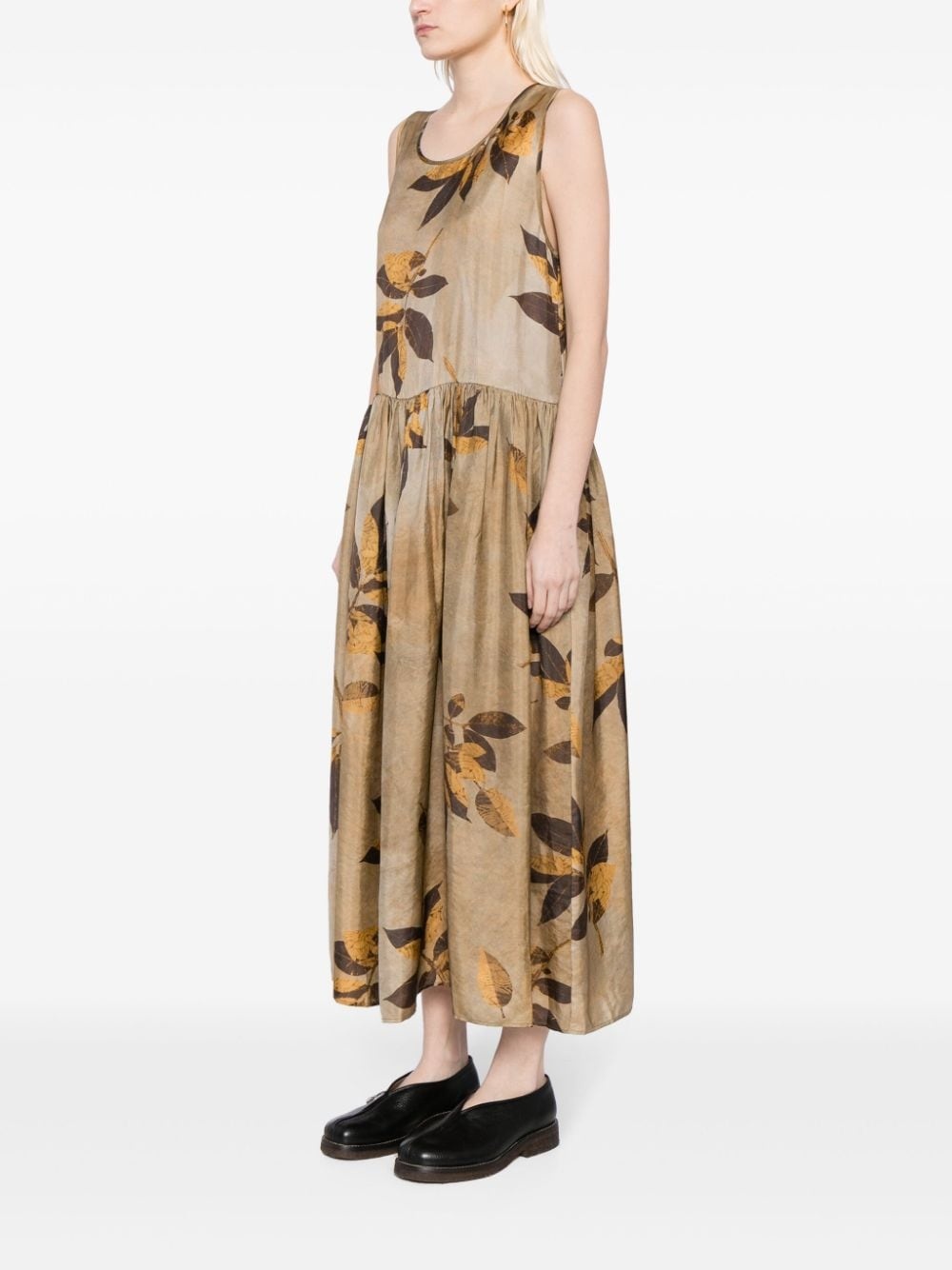 leaf-print gathered-waist midi dress - 3